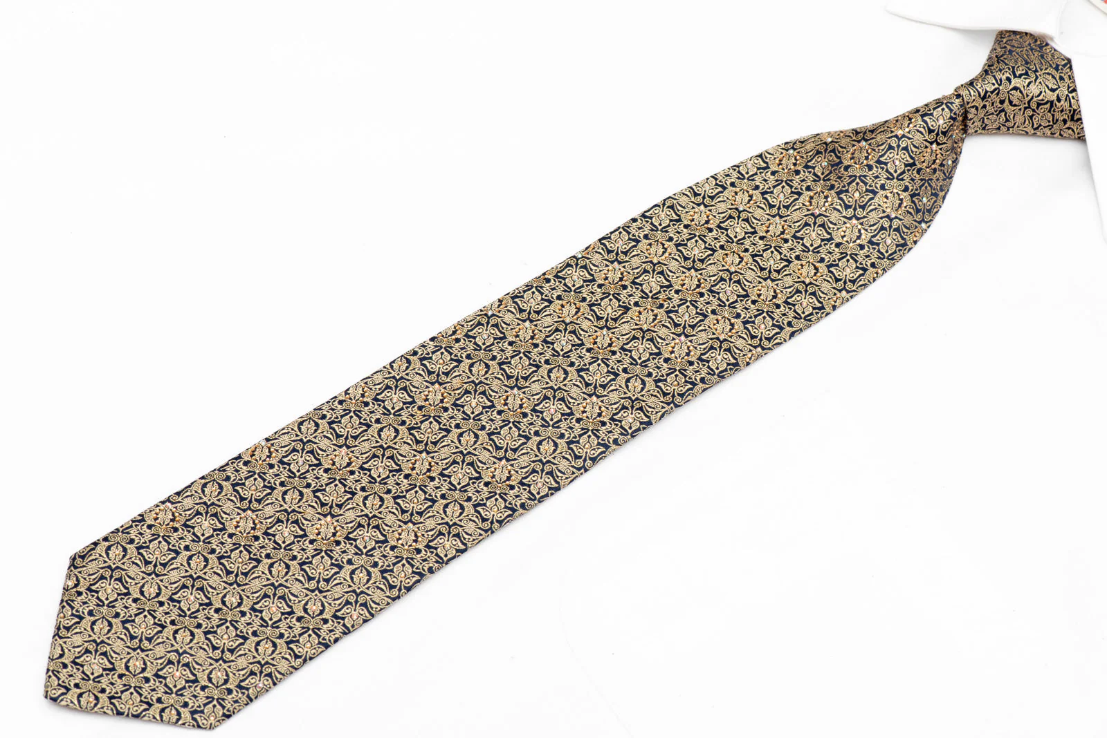 Gold Ornate Design On Navy Rhinestone Crystal Tie With Gold Sparkles - Image 2