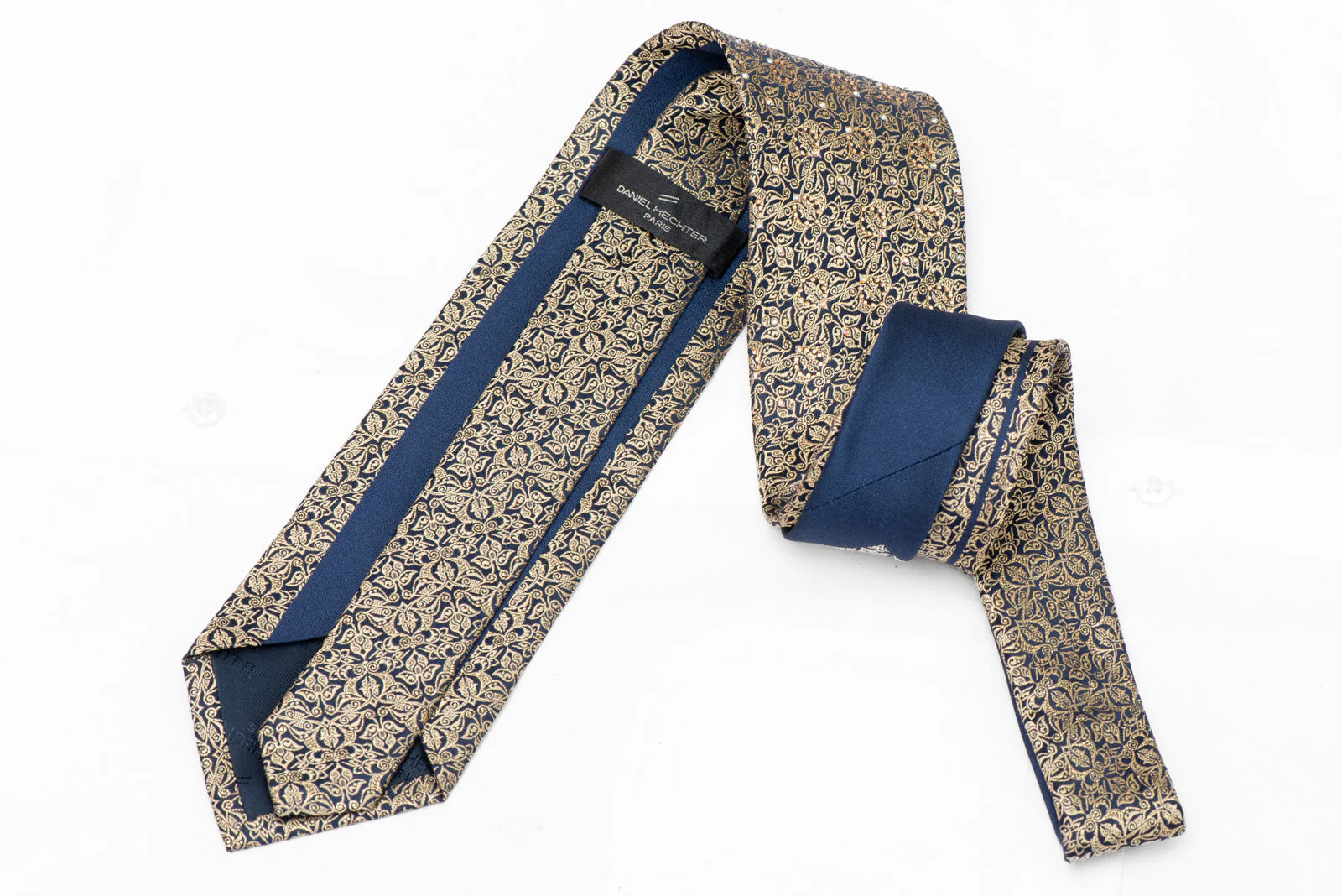 Gold Ornate Design On Navy Rhinestone Crystal Tie With Gold Sparkles - Image 3