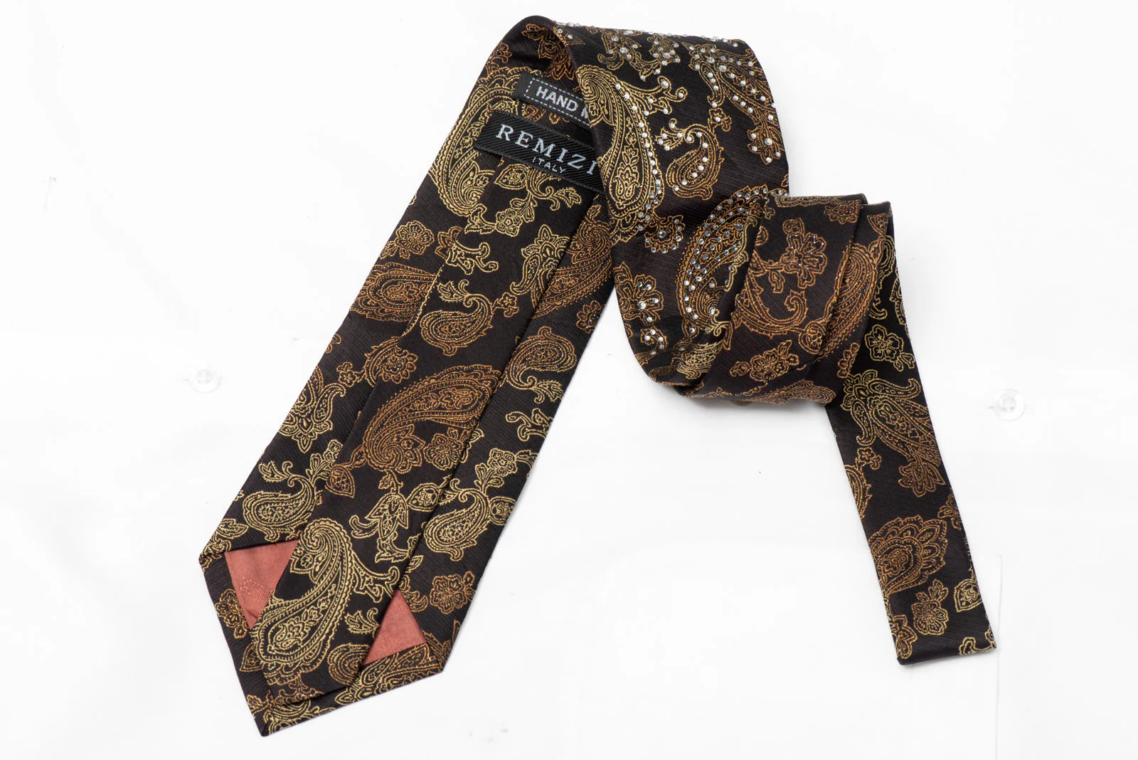 Gold Paisley On Black Rhinestone Sparkle Silk Tie - Image 3