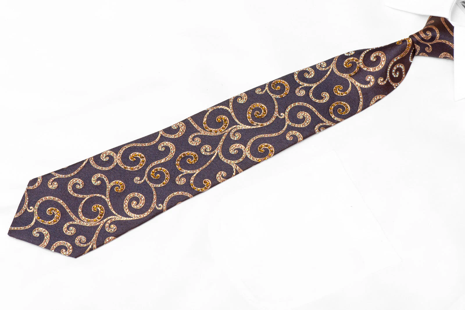 Gold Scrolls On Blue Rhinestone Tie With Red Sparkles - Image 2