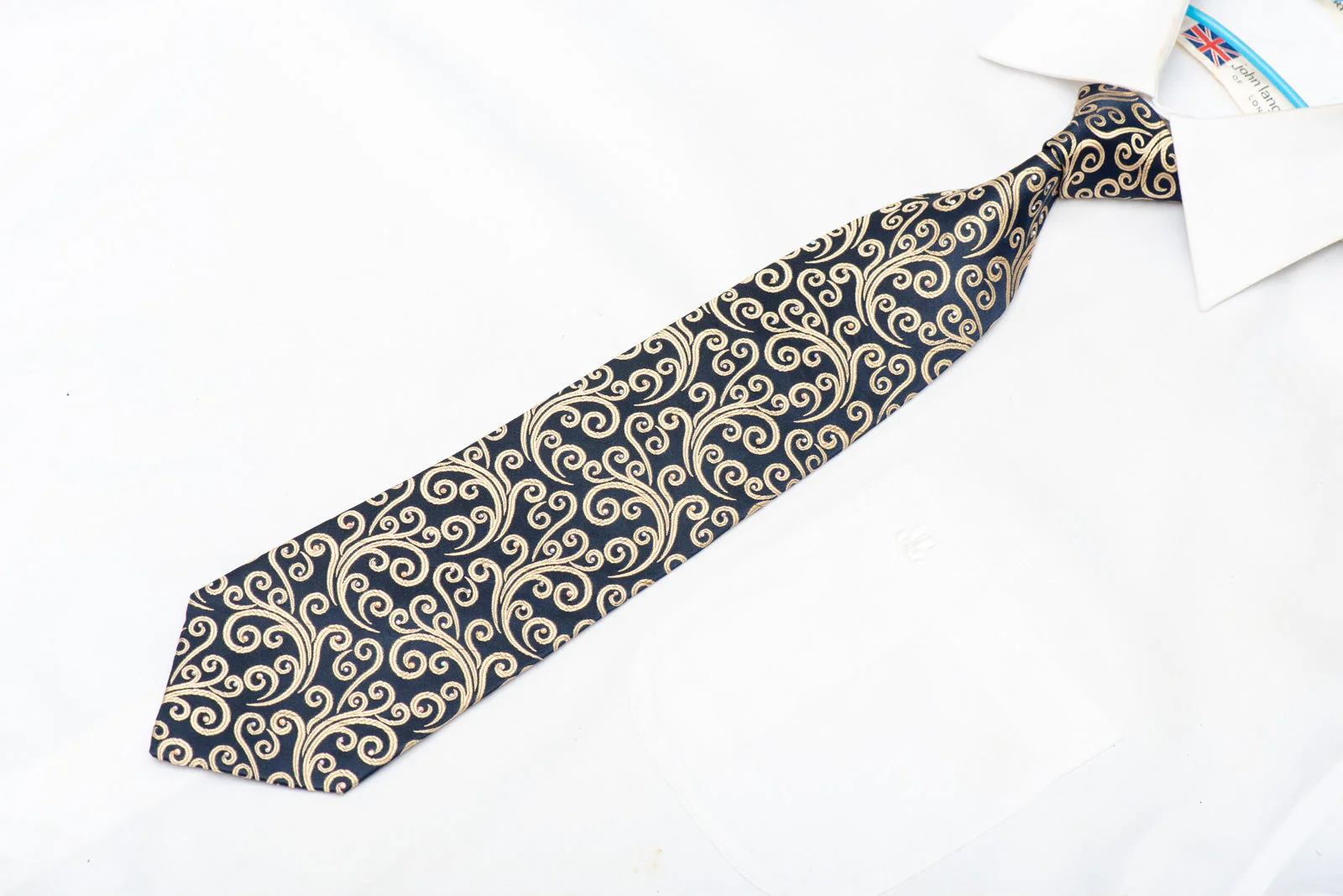 Gold Scrolls On Navy Blue Rhinestone Necktie With Gold Sparkles - Image 2