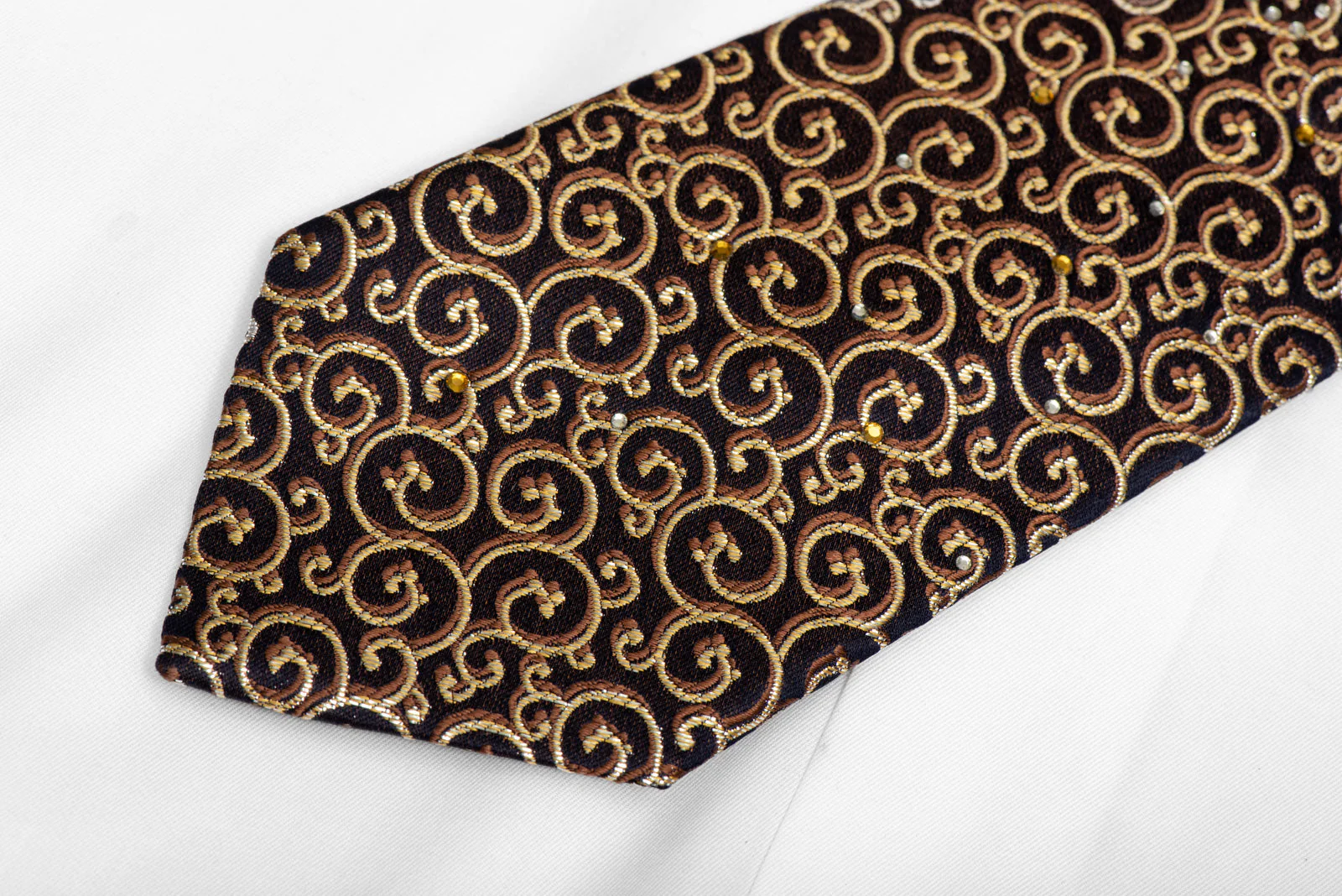Gold Scrolls On Navy Rhinestone Silk Tie With Silver Sparkles - Image 3
