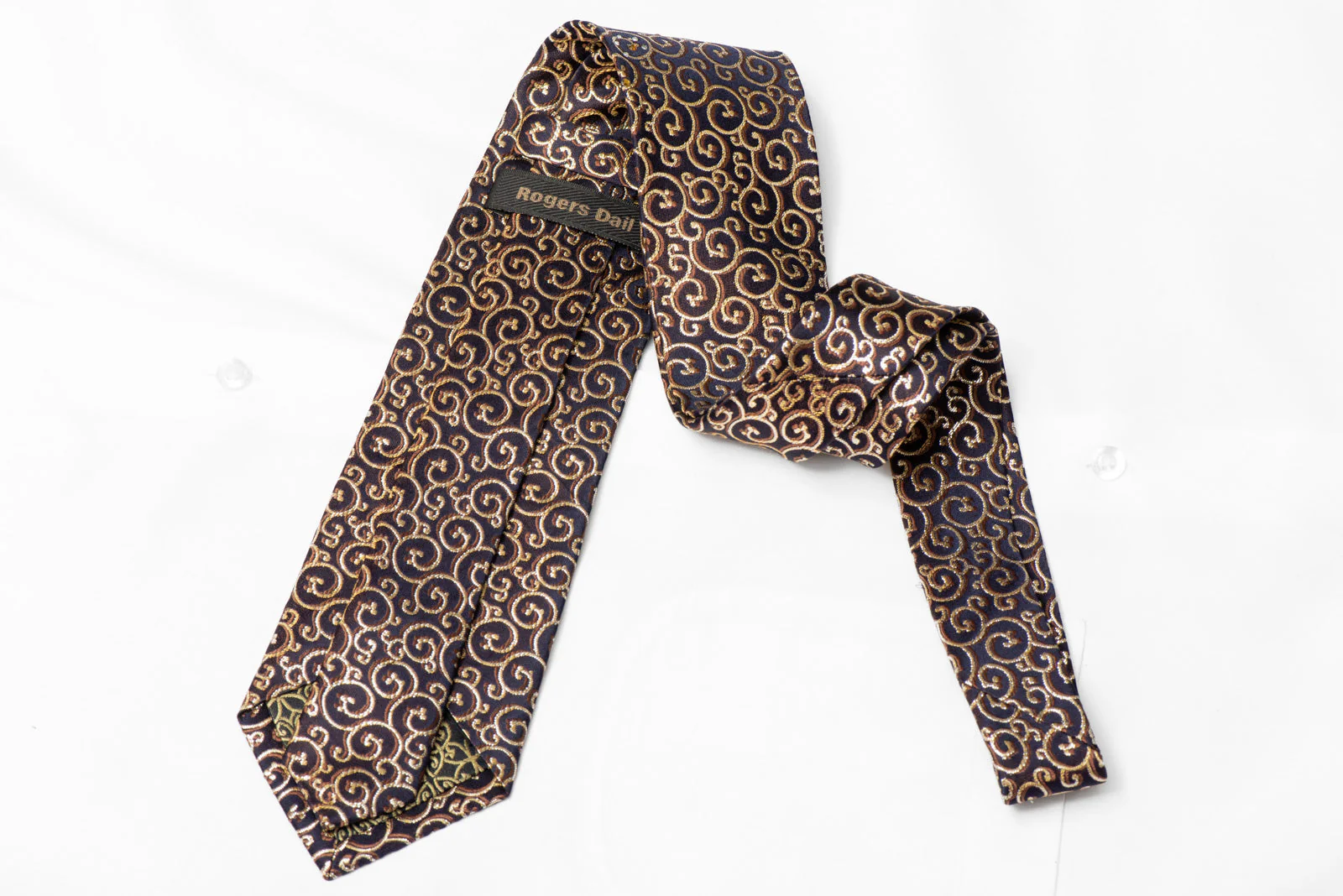 Gold Scrolls On Navy Rhinestone Silk Tie With Silver Sparkles - Image 4