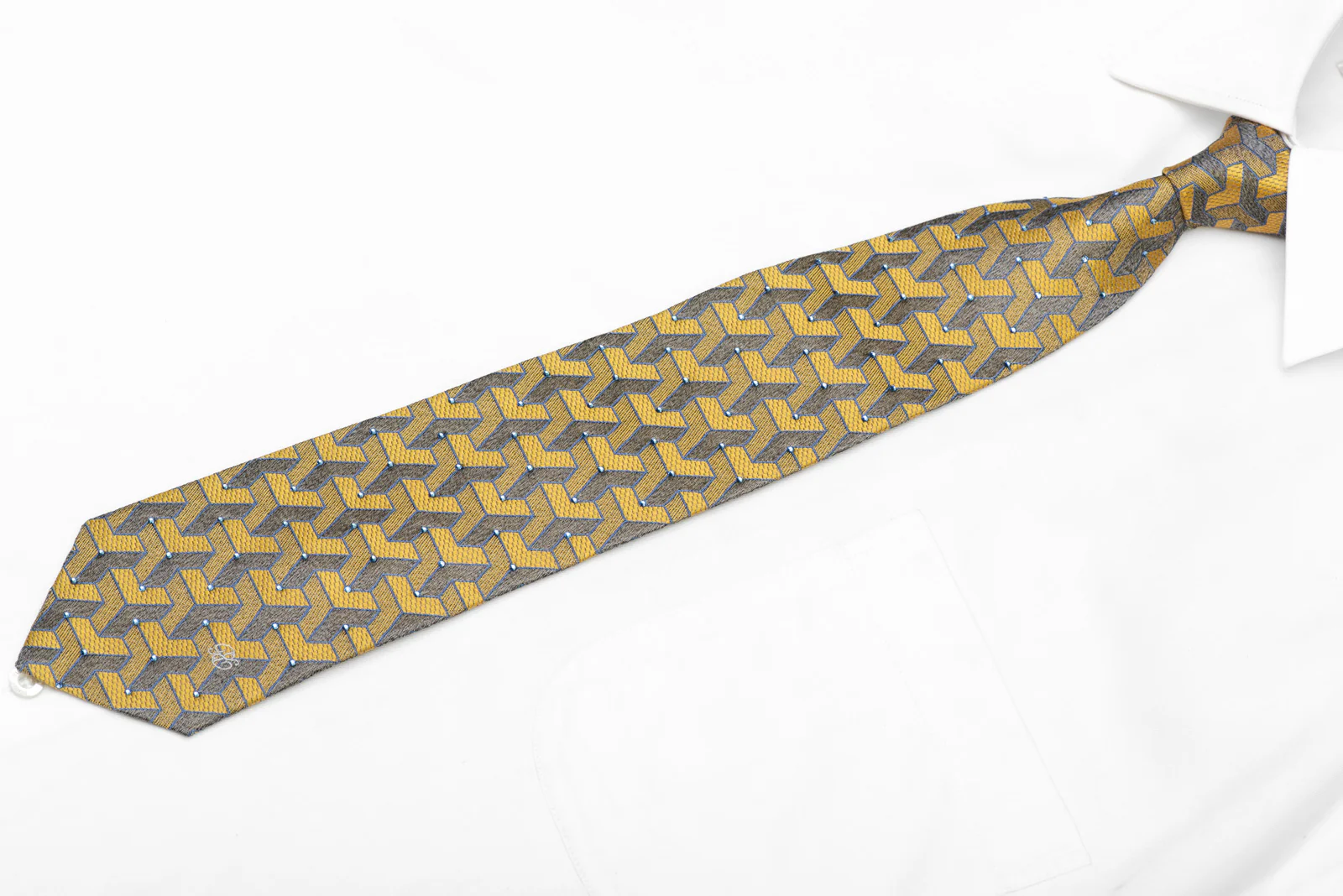 Gold Silver Blue Geometric Rhinestone Silk Necktie - Image 3