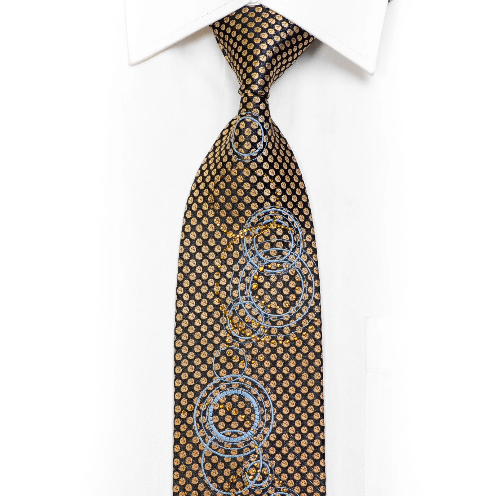 Gold Silver Geometric On Black Rhinestone Silk Necktie With Sparkles