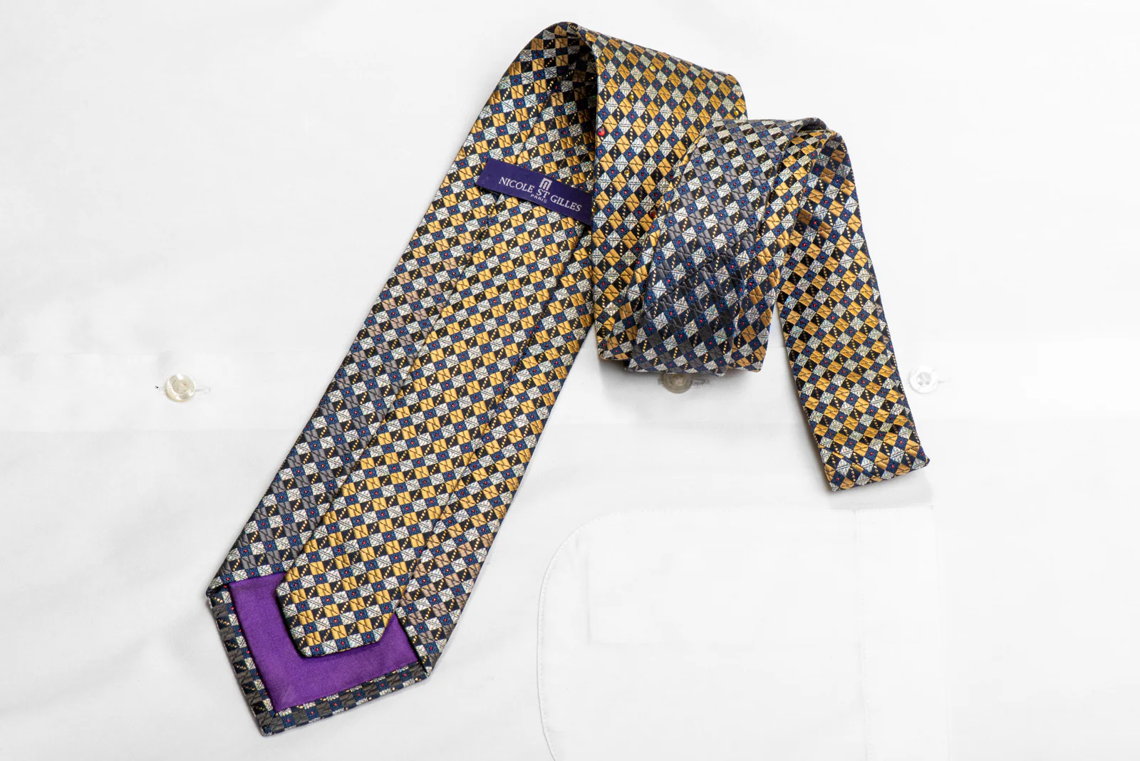 Gold Silver Navy Checkered Rhinestone Necktie With Gold Sparkles - Image 4