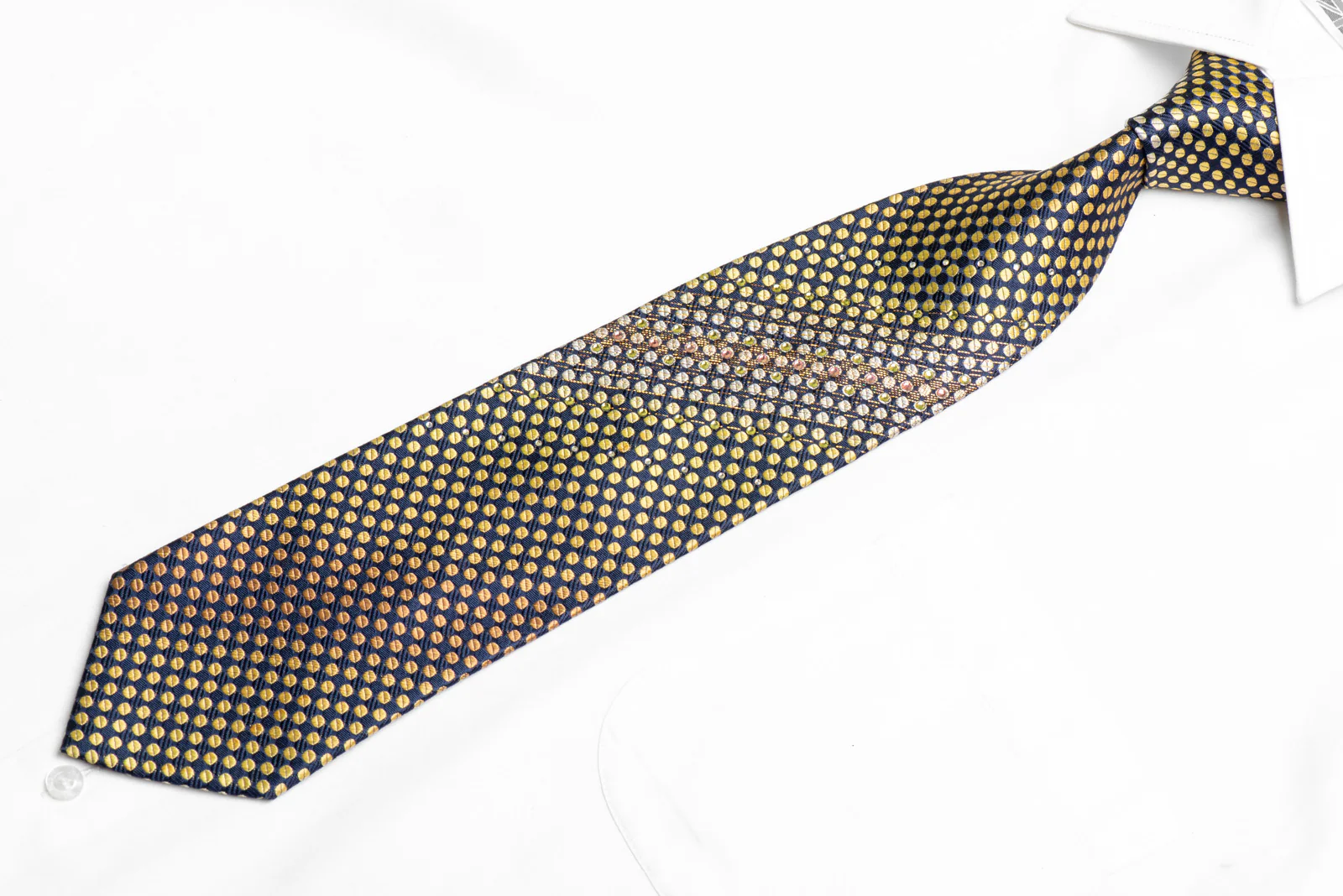Golden Yellow Geometric Dots On Navy Blue Rhinestone Tie With Sparkles - Image 3