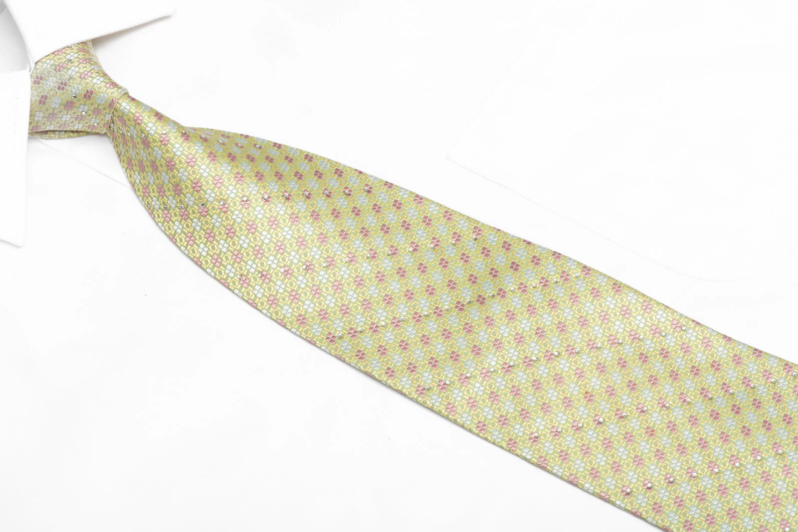 Pink Geometric On Pale Green Rhinestone Silk Necktie - Image 2