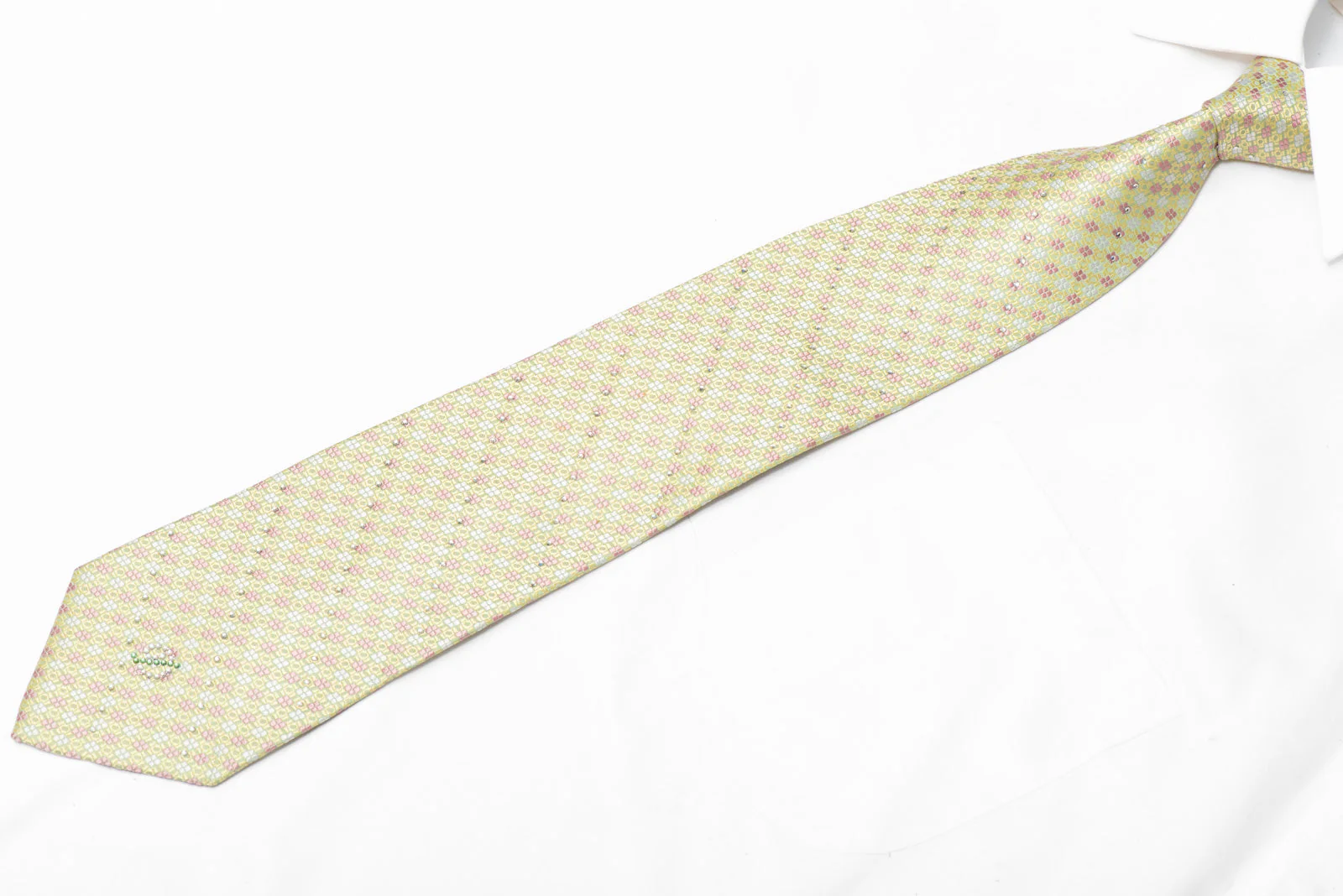 Pink Geometric On Pale Green Rhinestone Silk Necktie - Image 3