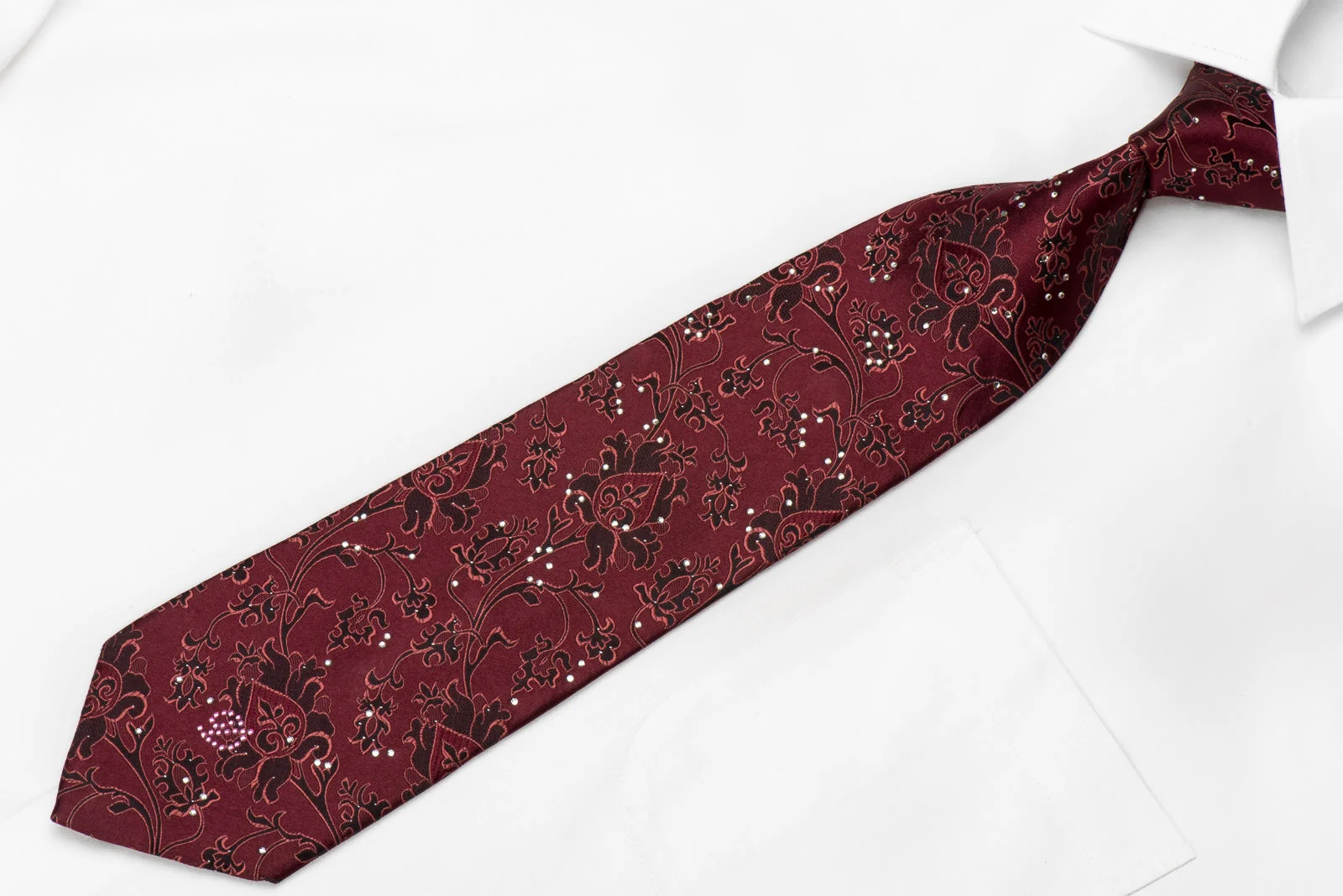 Good Day Men's Crystal Silk Necktie Brown Anthemion On Burgundy With Silver Sparkles - Image 4