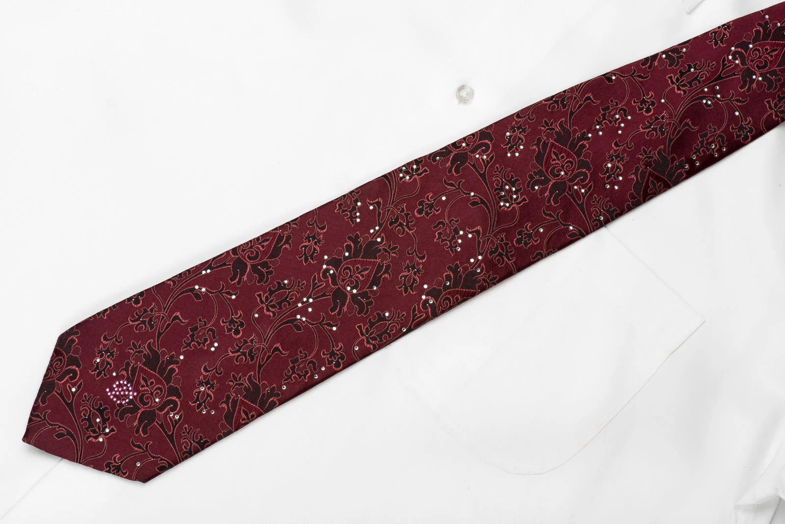 Good Day Men's Crystal Silk Necktie Brown Anthemion On Burgundy With Silver Sparkles - Image 5