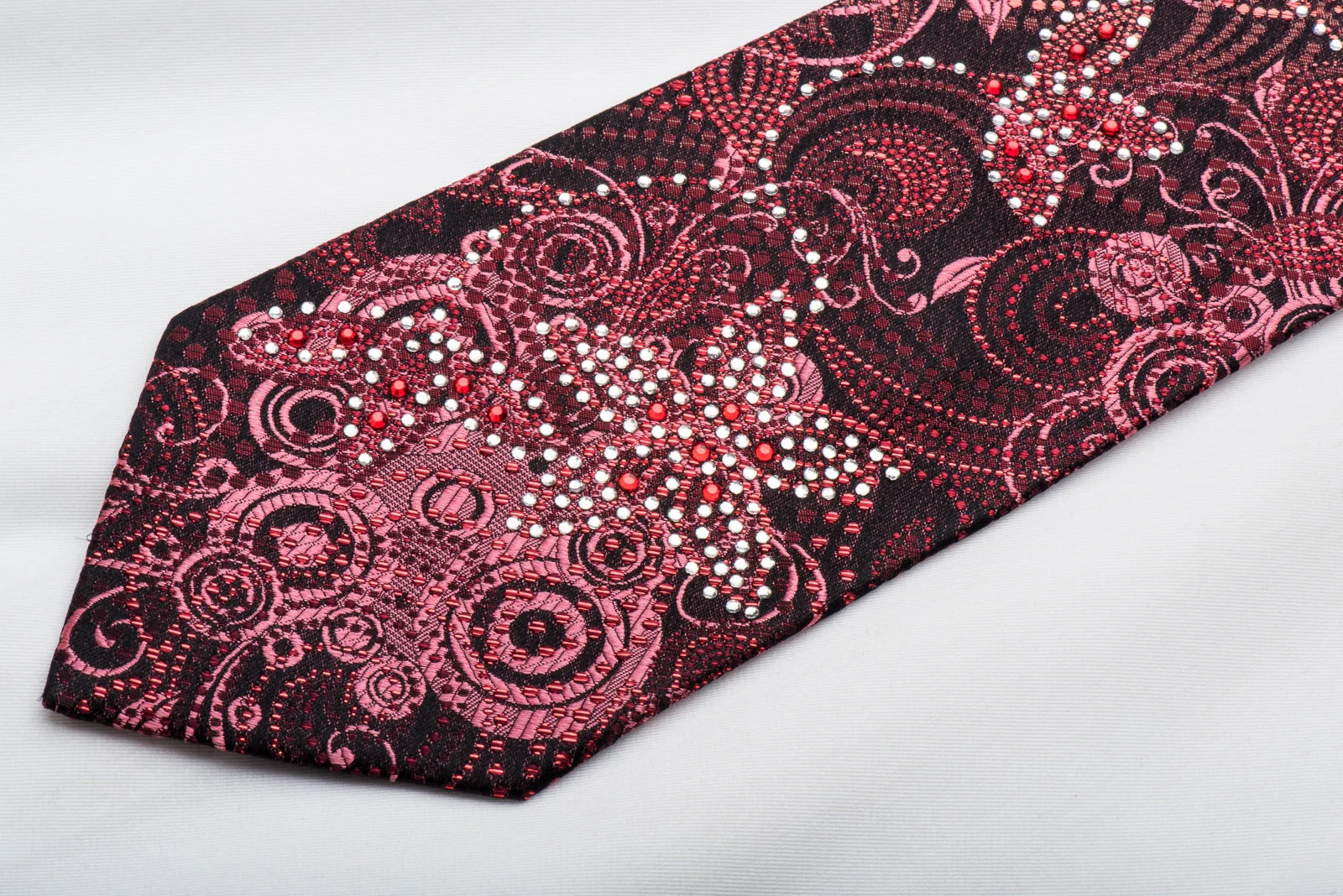Grand Jour Mens Crystal Necktie Burgundy Floral On Black With Red Sparkles - Image 3