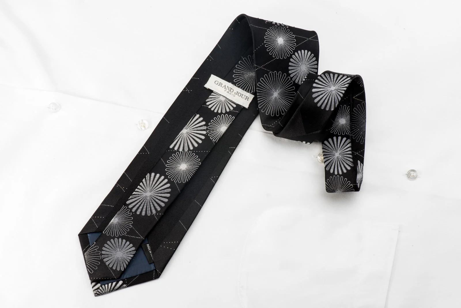 Grand Jour Men's Crystal Necktie Silver Medallions On Black With Silver Sparkles - Image 5