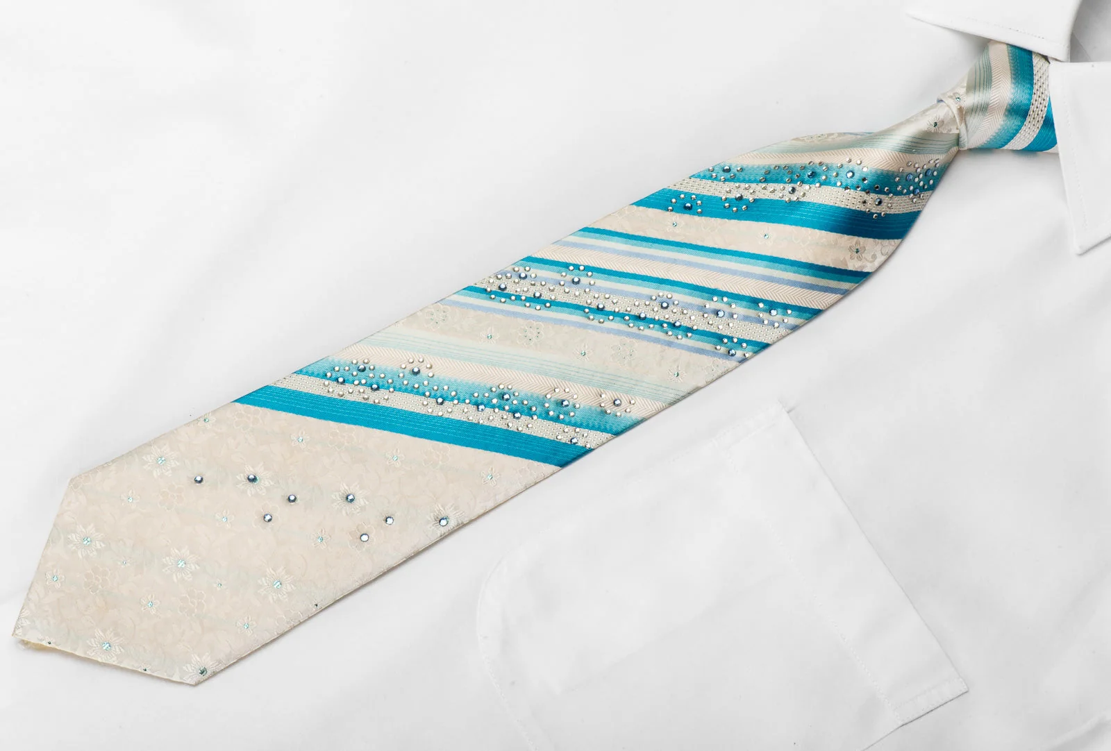 Grand Jour Men's Crystal Silk Tie Blue Striped On White Floral With Blue Sparkles - Image 2