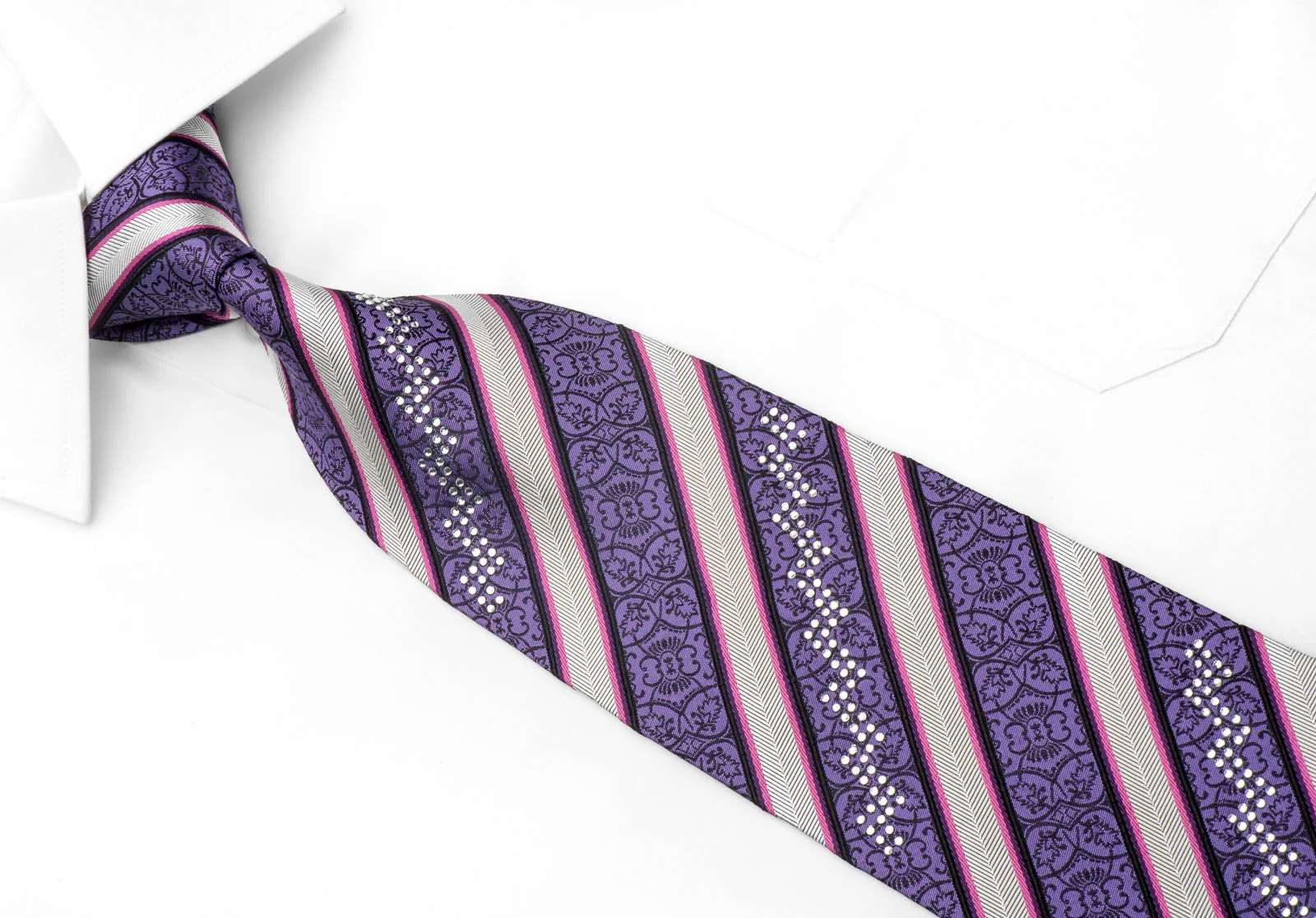 Grand Jour Men's Rhinestone Silk Necktie Silver Mauve Striped With Sparkles - Image 3