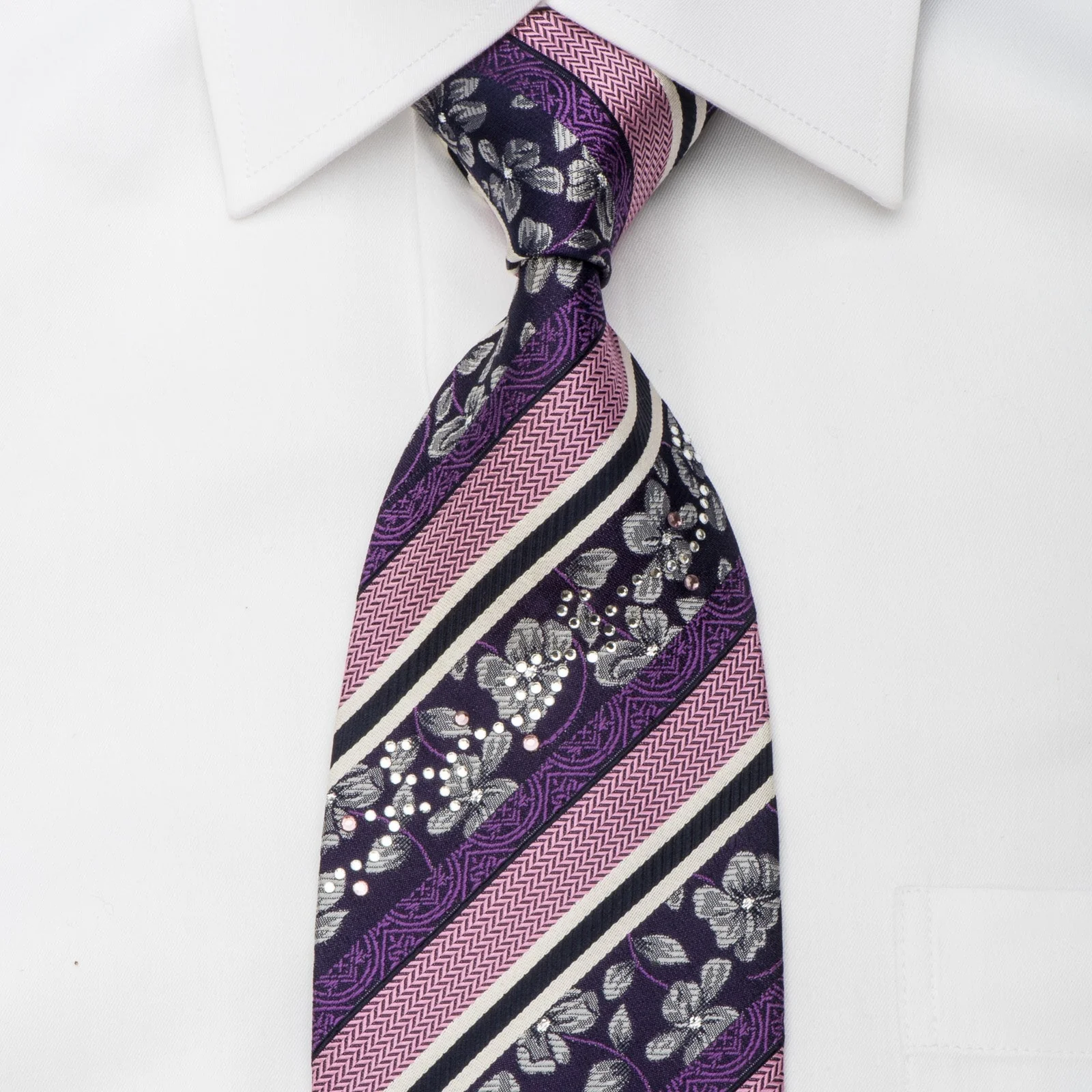 Grand Jour Men's Silk Necktie Pink Striped & Silver Floral Sparkling With Rhinestones