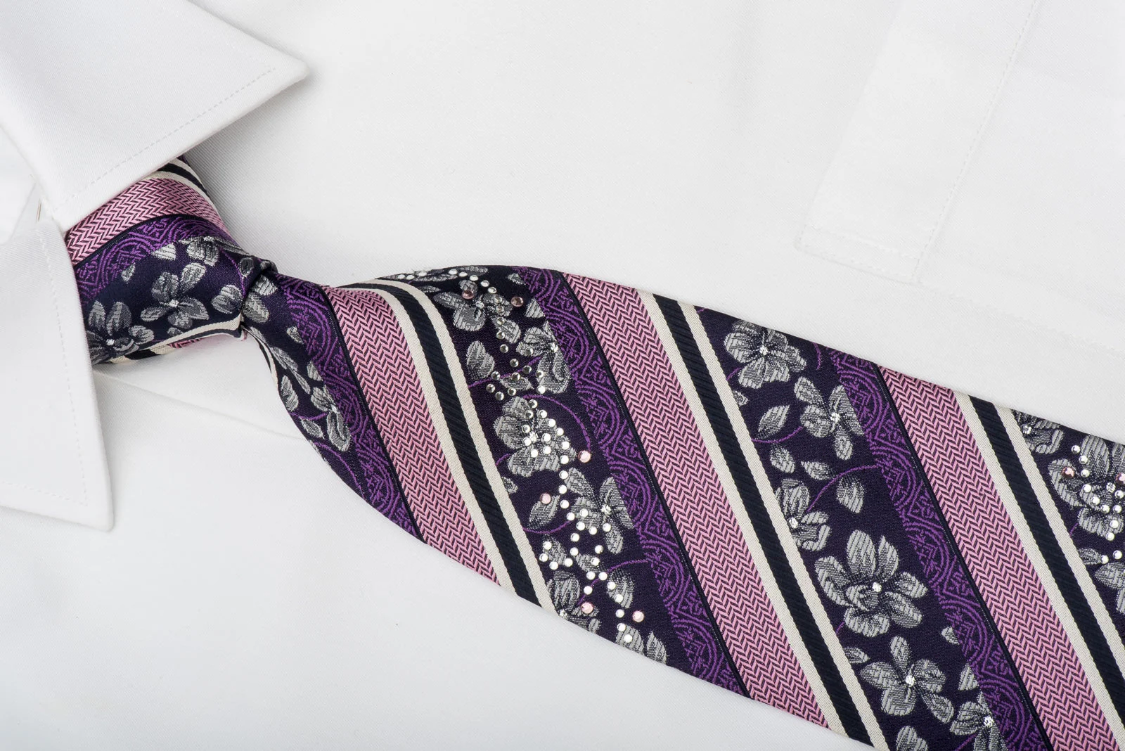 Grand Jour Men's Silk Necktie Pink Striped & Silver Floral Sparkling With Rhinestones - Image 2