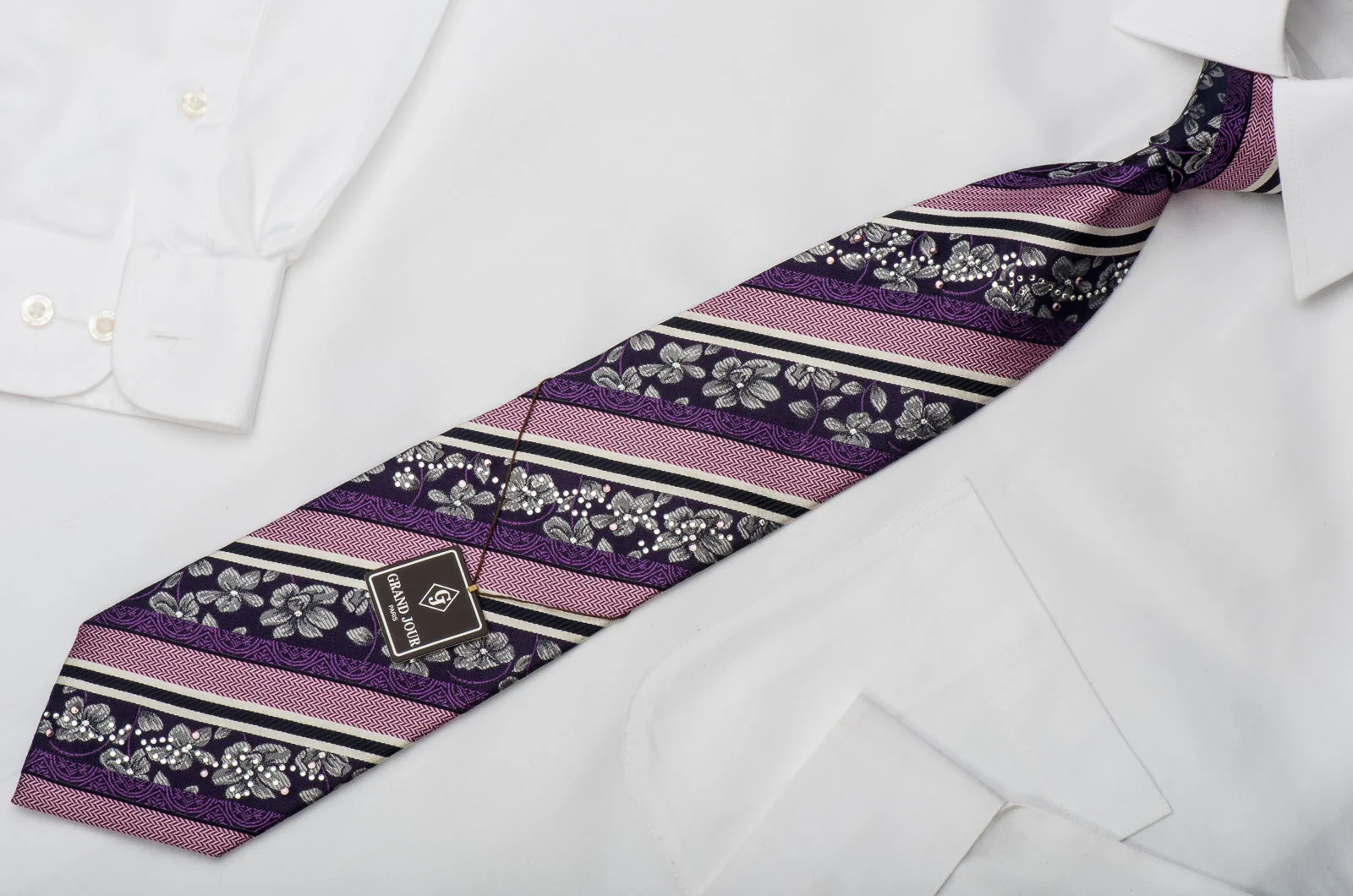 Grand Jour Men's Silk Necktie Pink Striped & Silver Floral Sparkling With Rhinestones - Image 4