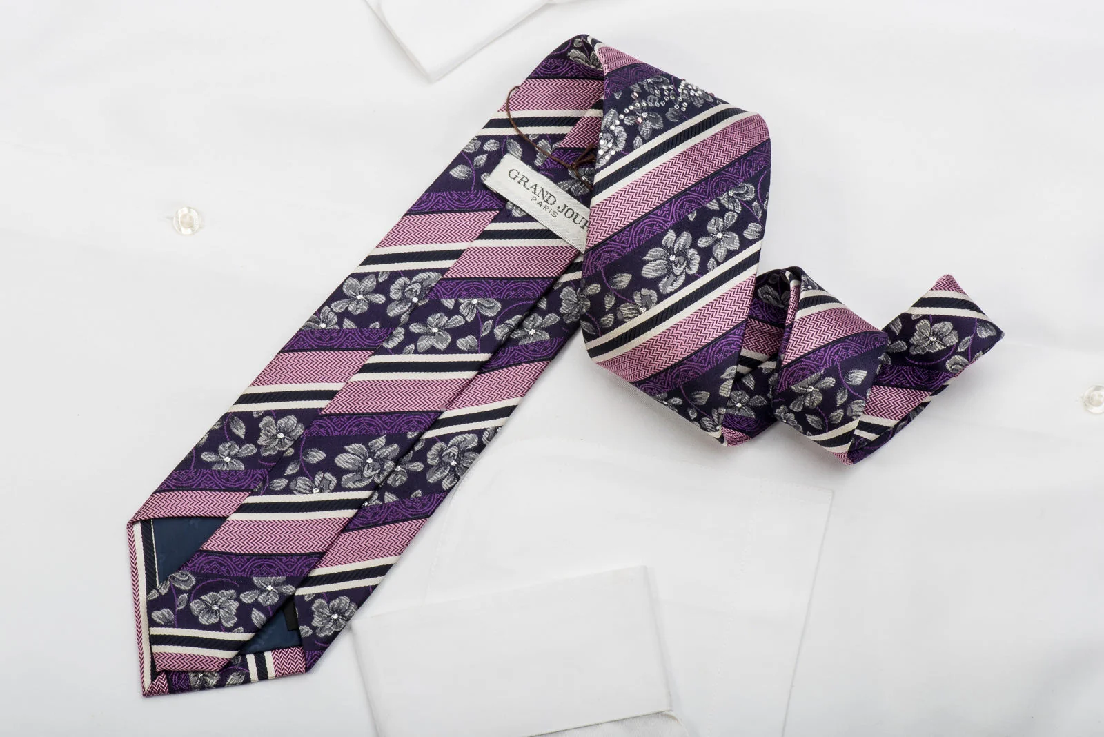 Grand Jour Men's Silk Necktie Pink Striped & Silver Floral Sparkling With Rhinestones - Image 5