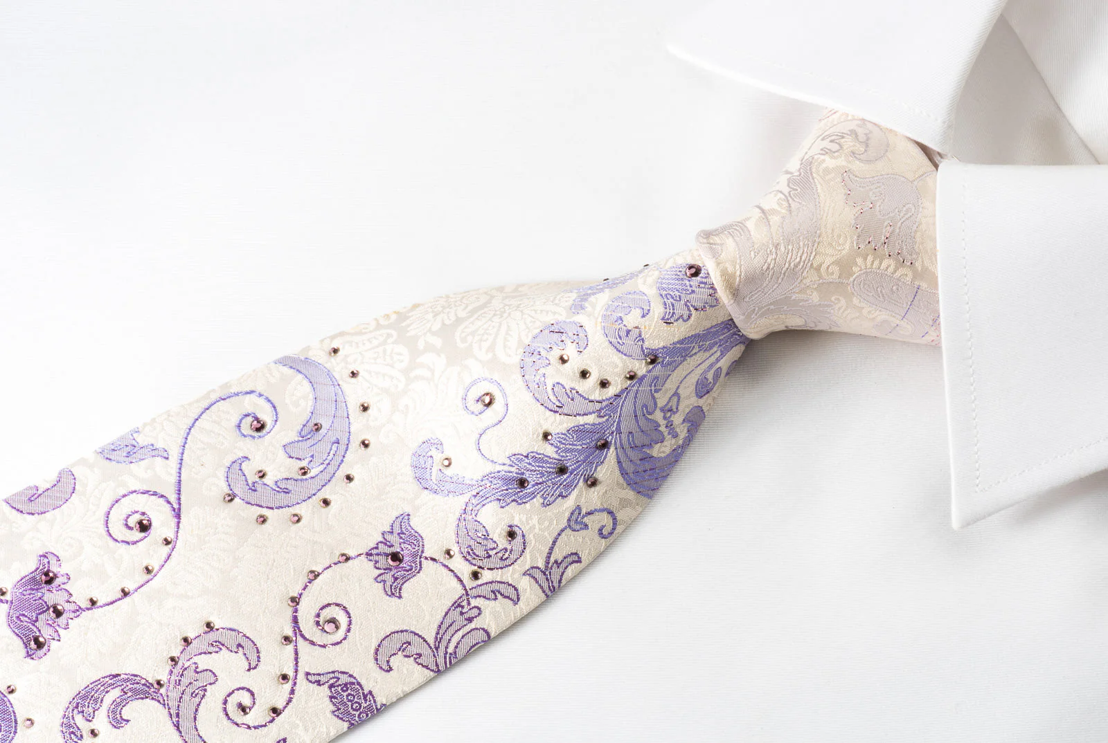 Grand Jour Rhinestone Silk Necktie Purple Anthemion On White With Sparkles - Image 5