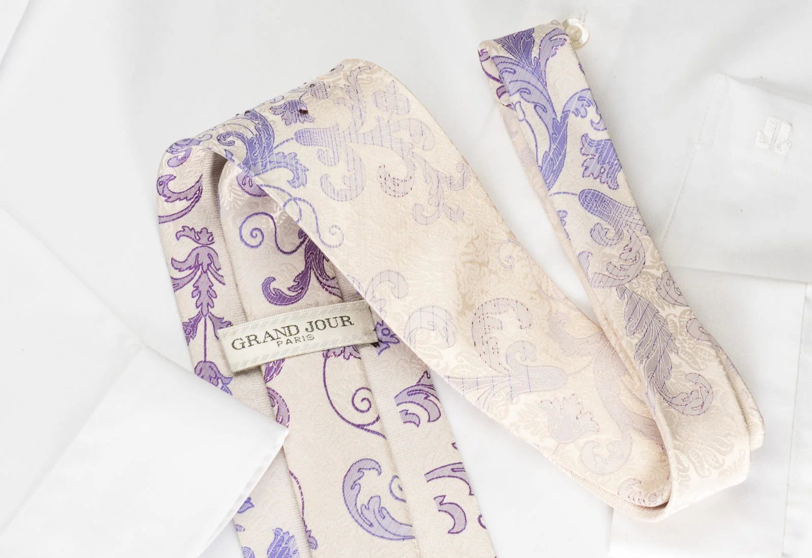 Grand Jour Rhinestone Silk Necktie Purple Anthemion On White With Sparkles - Image 7