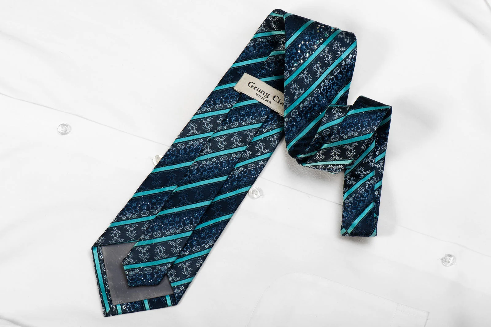 Grang Cia Men's Crystal Silk Necktie Blue Striped On Navy With Silver Sparkles - Image 4