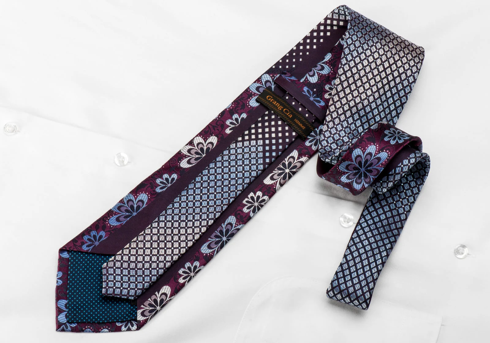 Grang Cia Men's Crystal Silk Necktie Silver Blue Geometric Floral On Purple With Sparkles - Image 4