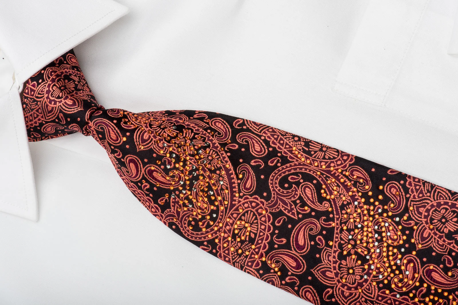 Grang Cia Men's Silk Necktie Orange Paisley On Black Sparkling With Rhinestones - Image 3