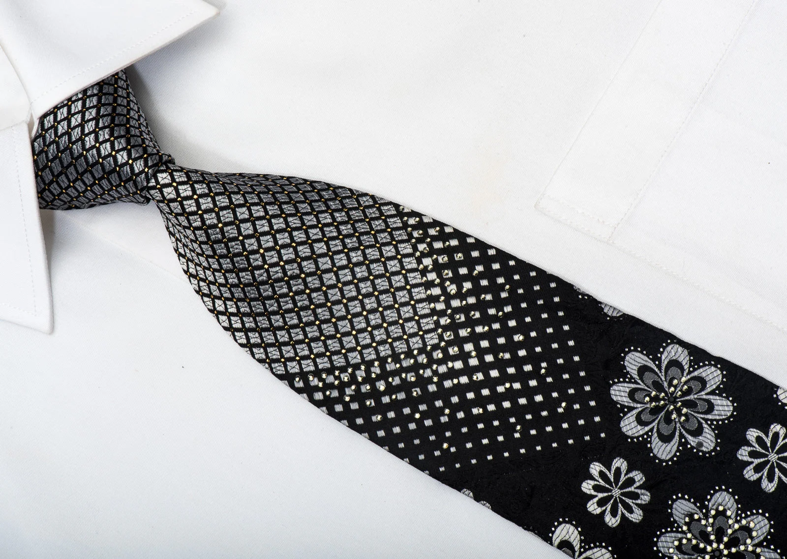 Grang Cia Men's Silk Tie Silver Geometric & Floral On Black Sparkling With Rhinestones - Image 6