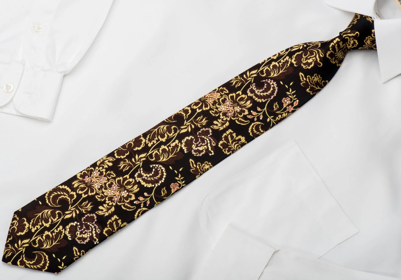 Grang Cia Mens Rhinestone Silk Necktie Golden Floral On Brown With Sparkles - Image 5