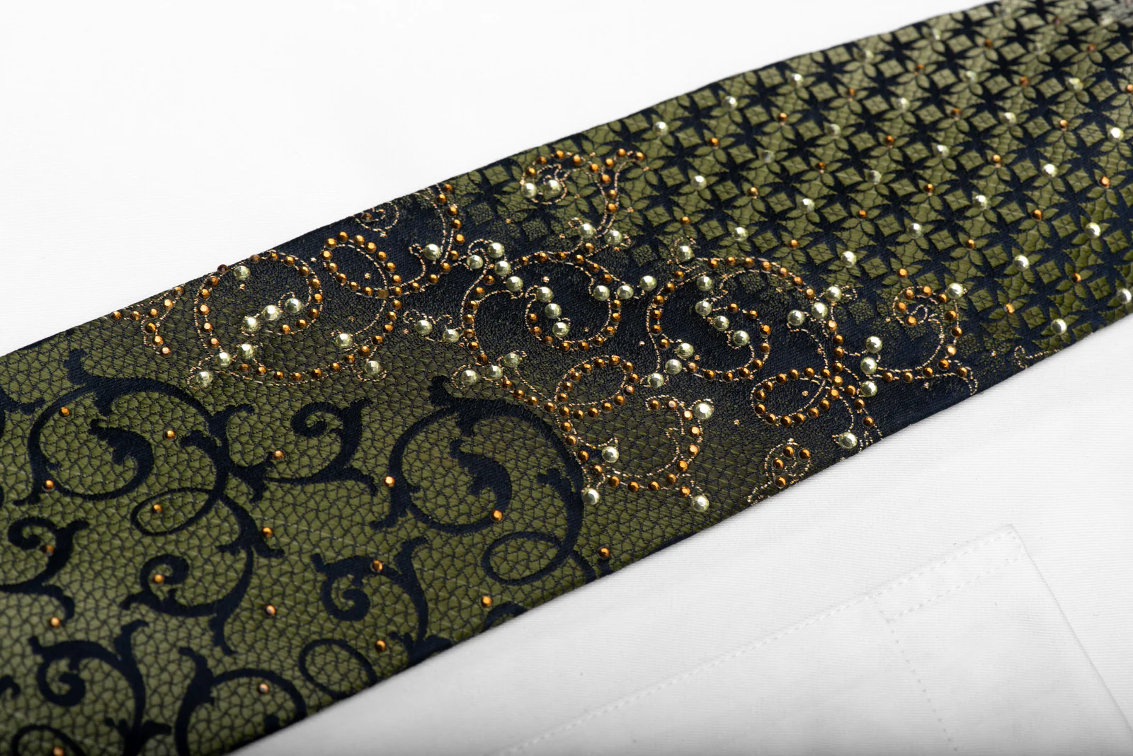 Green Acanthus On Navy Blue Rhinestone Silk Necktie With Silver Sparkles - Image 4