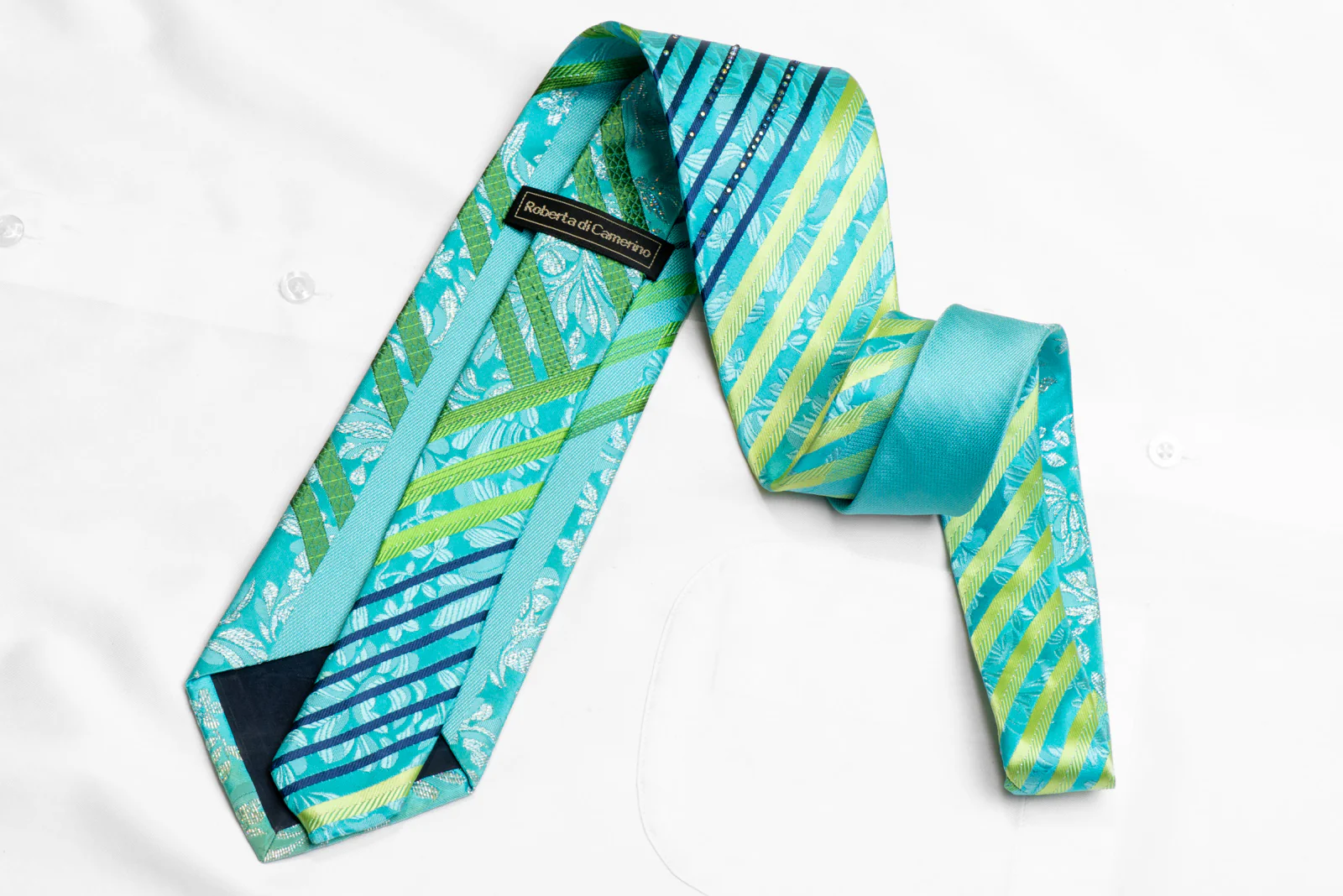 Green Blue Striped & Floral On Light Blue Rhinestone Silk Necktie With Sparkles - Image 4