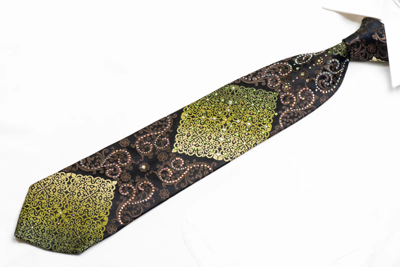 Green Brown Damask On Black Rhinestone Silk Necktie - Image 3