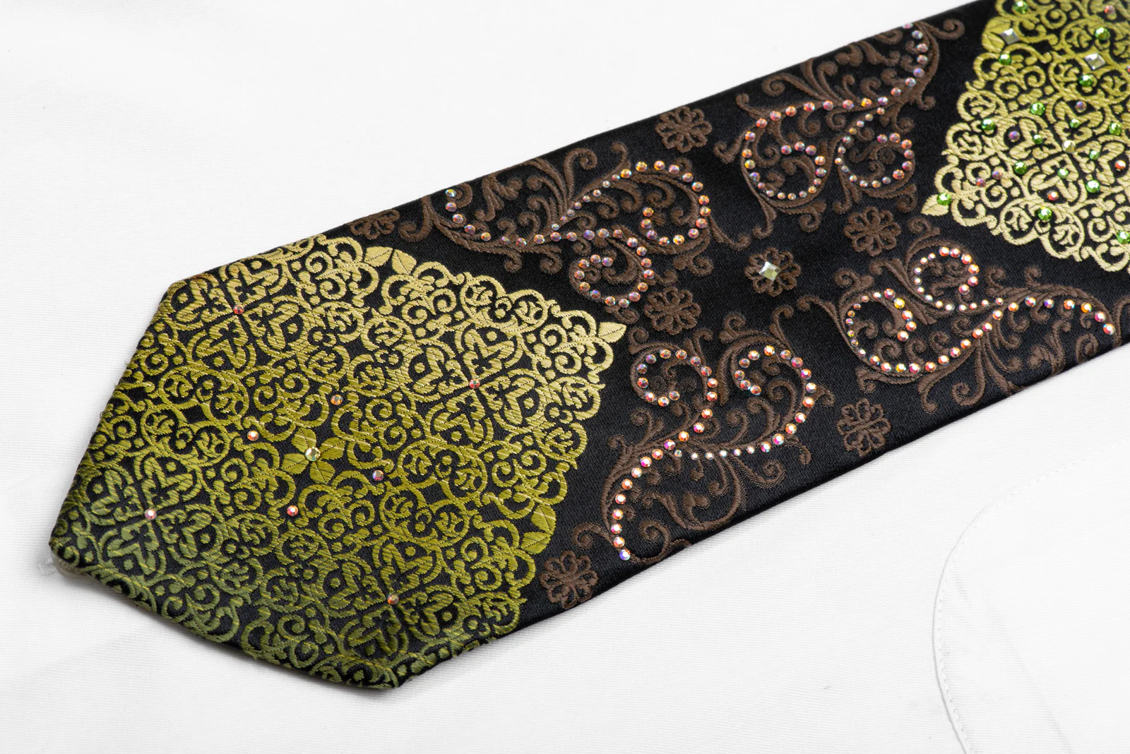 Green Brown Damask On Black Rhinestone Silk Necktie - Image 4