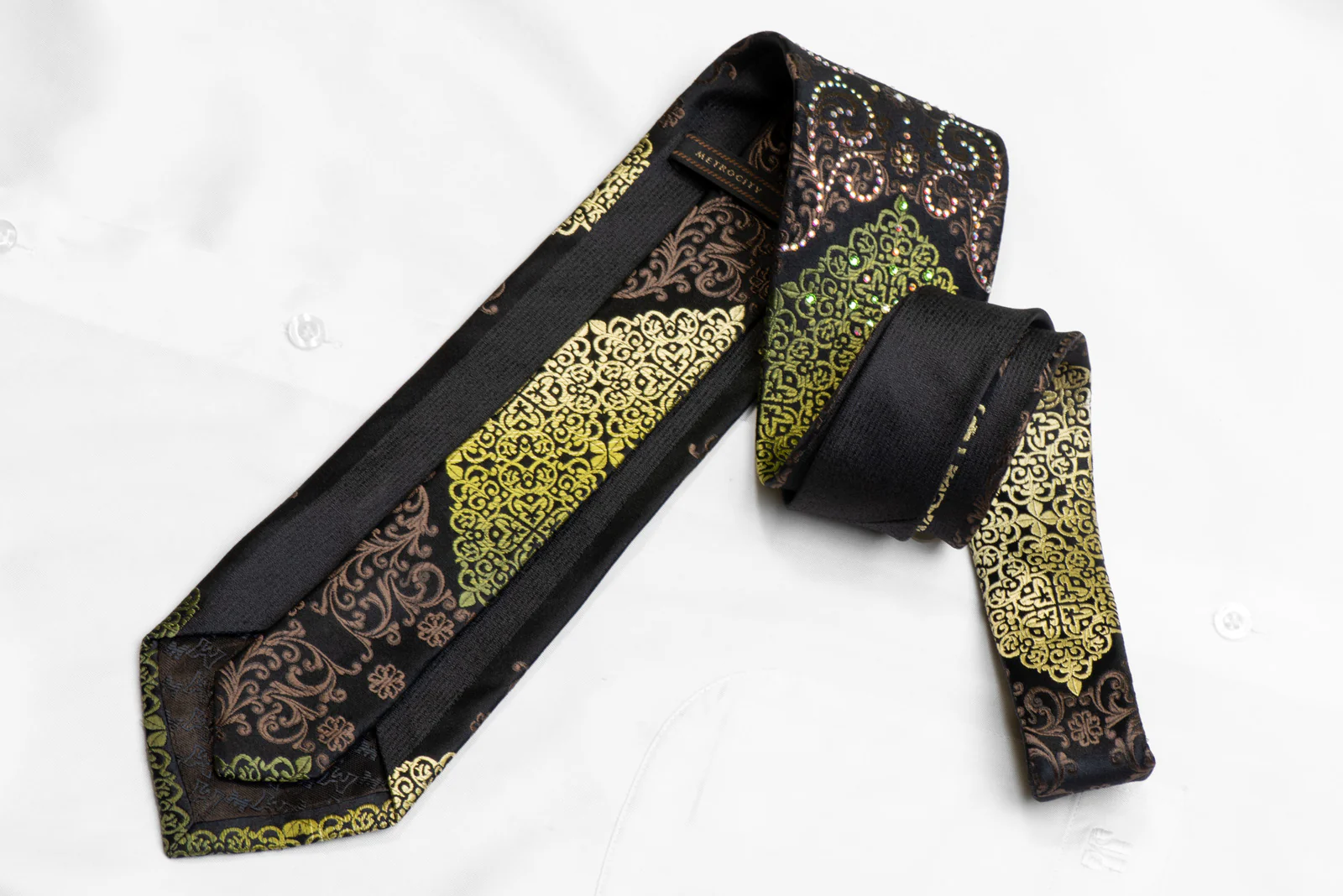 Green Brown Damask On Black Rhinestone Silk Necktie - Image 5