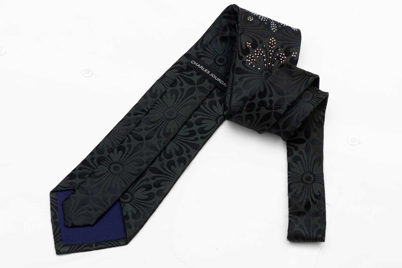 Green Damask On Black Rhinestone Silk Necktie - Image 4