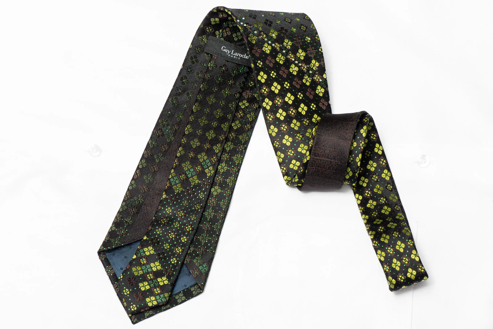 Green Foulard On Black Rhinestone Silk Necktie With Green Sparkles - Image 3