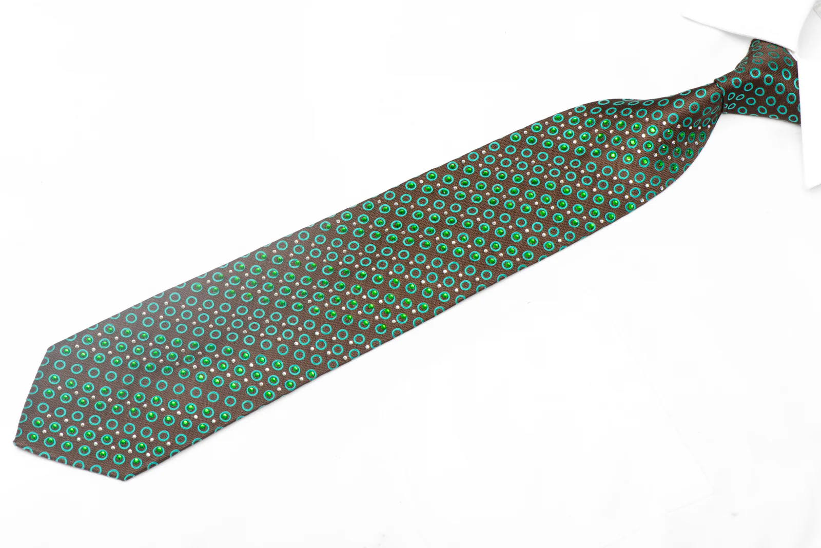Green Geometric Circles On Brown Rhinestone Silk Necktie - Image 2