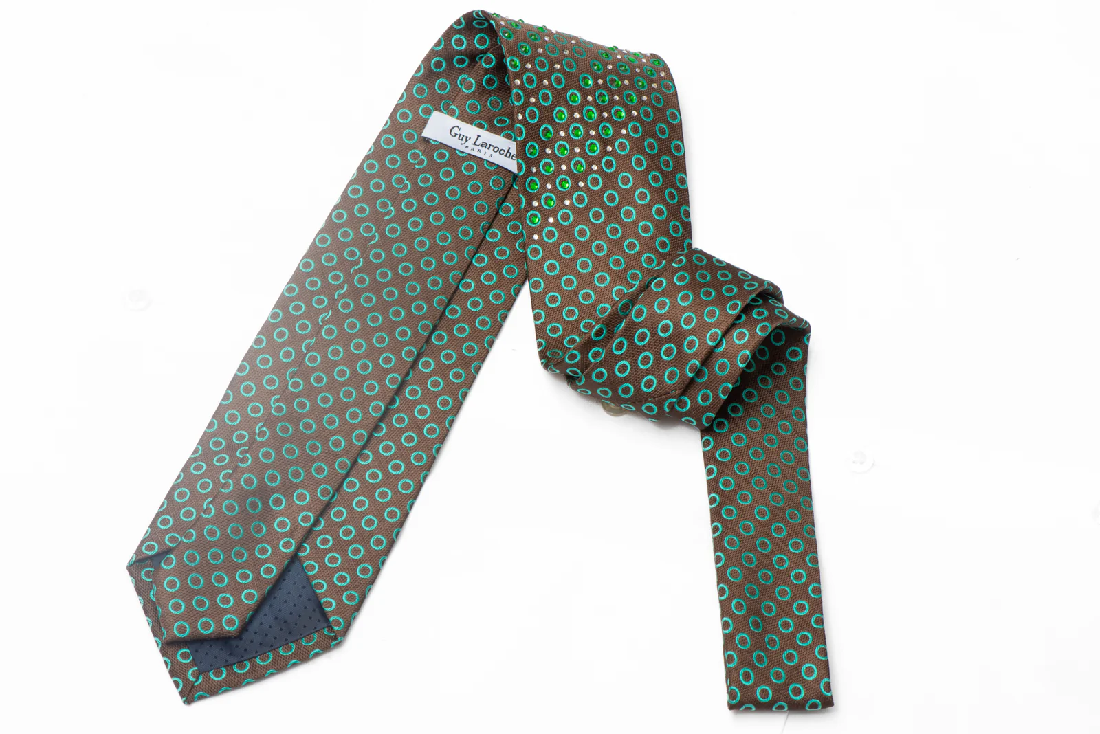 Green Geometric Circles On Brown Rhinestone Silk Necktie - Image 3