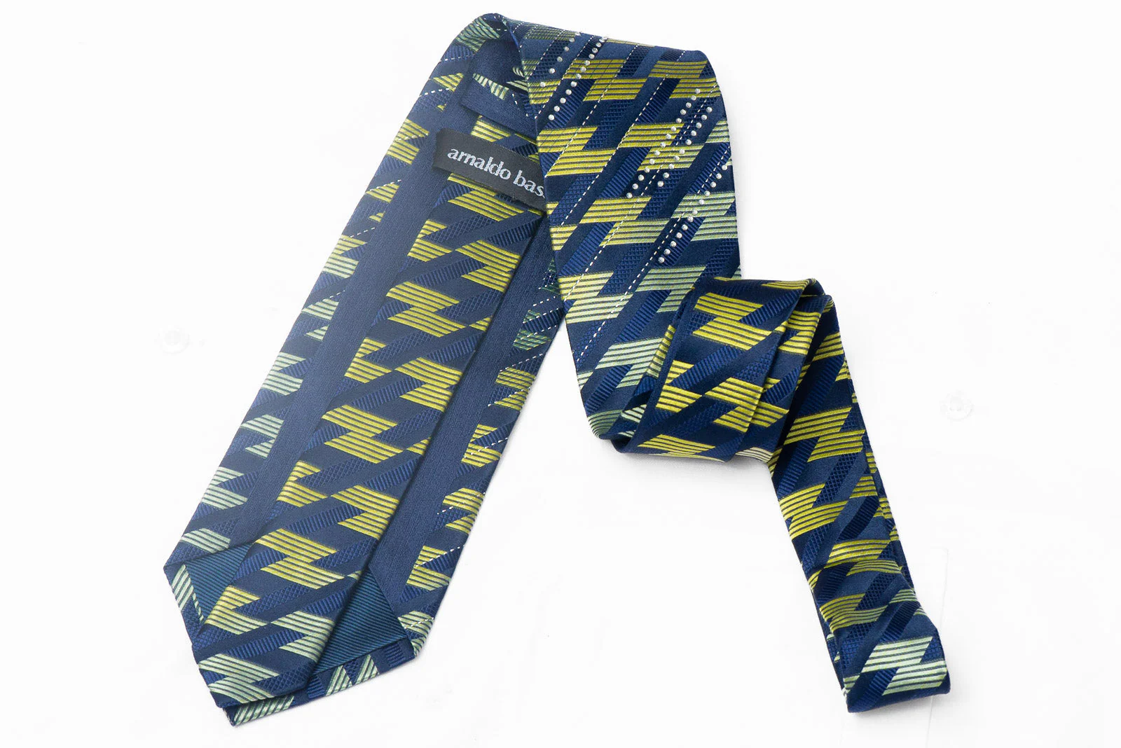 Green Geometric On Navy Blue Rhinestone Silk Tie With Silver Sparkles - Image 3