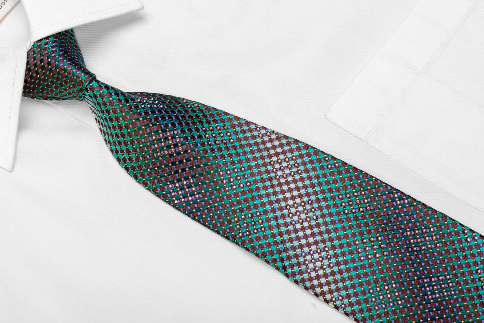 Green Micro Squares On Brown Rhinestone Silk Necktie With Sparkles - Image 2