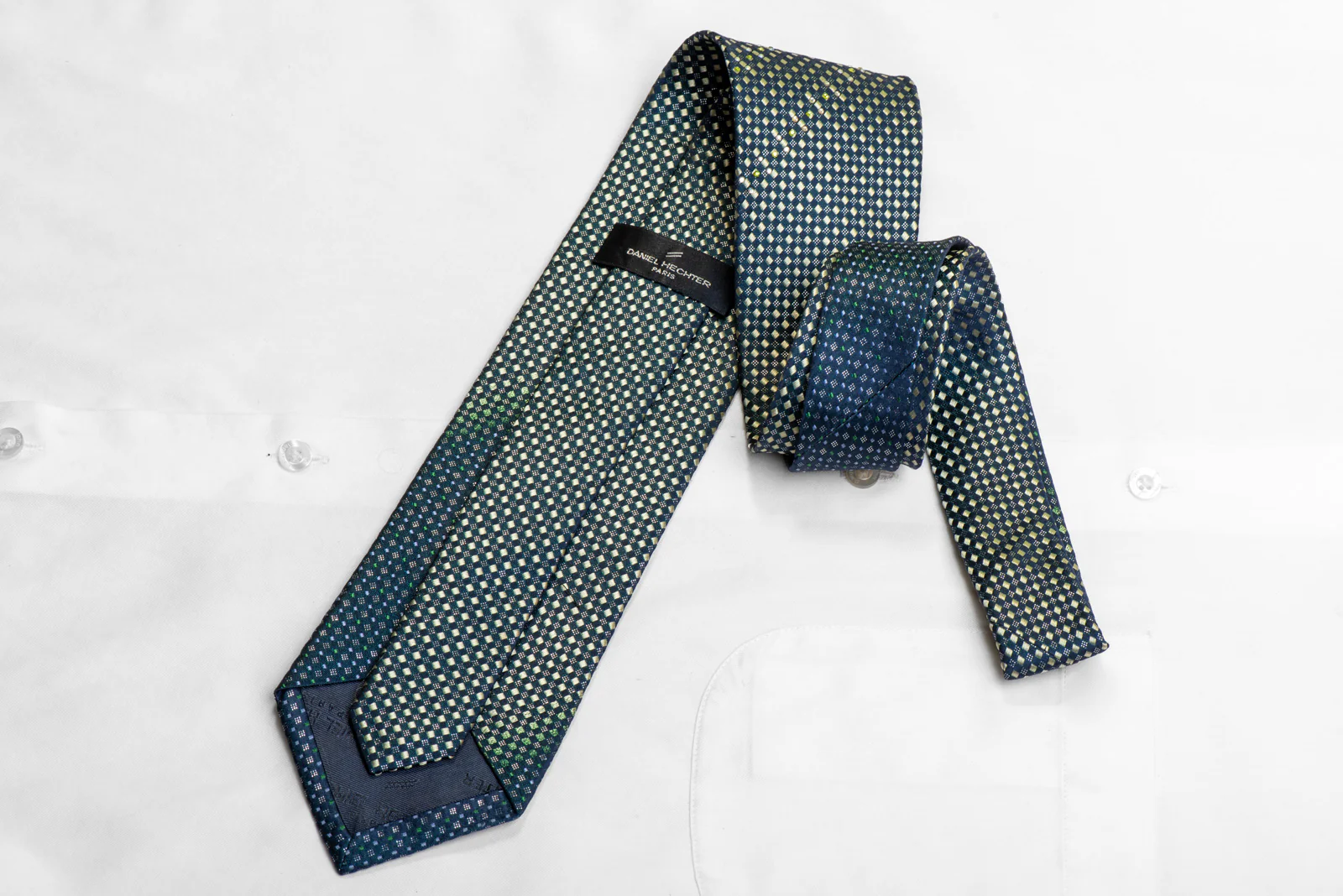 Green Micro Squares On Navy Blue Rhinestone Necktie With Silver Sparkles - Image 4