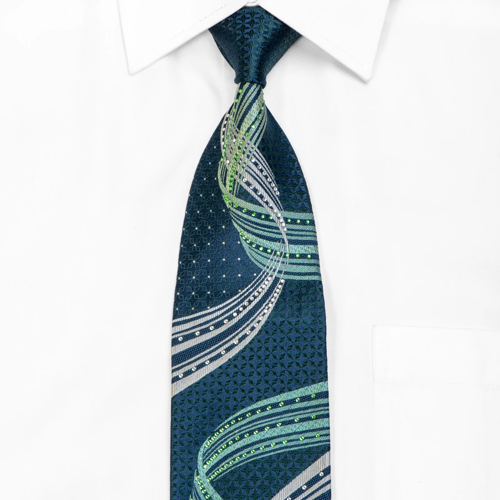 Green Silver Waves & Geometric On Navy Rhinestone Tie With Silver Sparkles