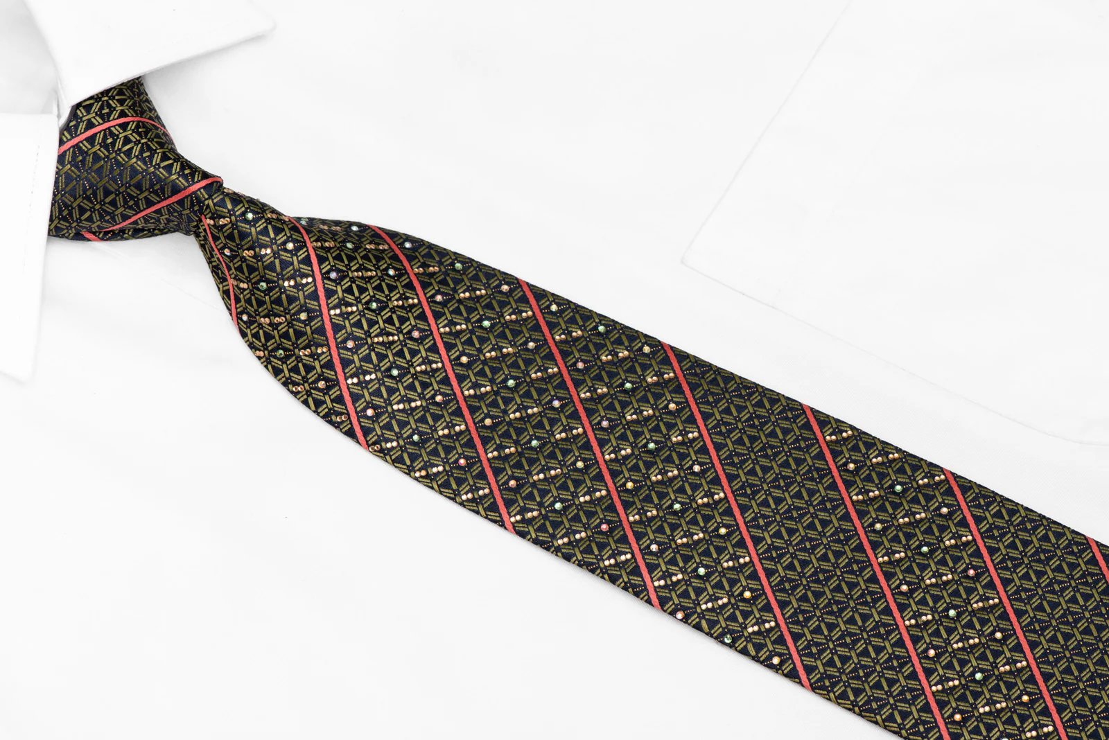 Green Trellis & Red Striped On Navy Rhinestone Silk Necktie With Gold Sparkles - Image 2