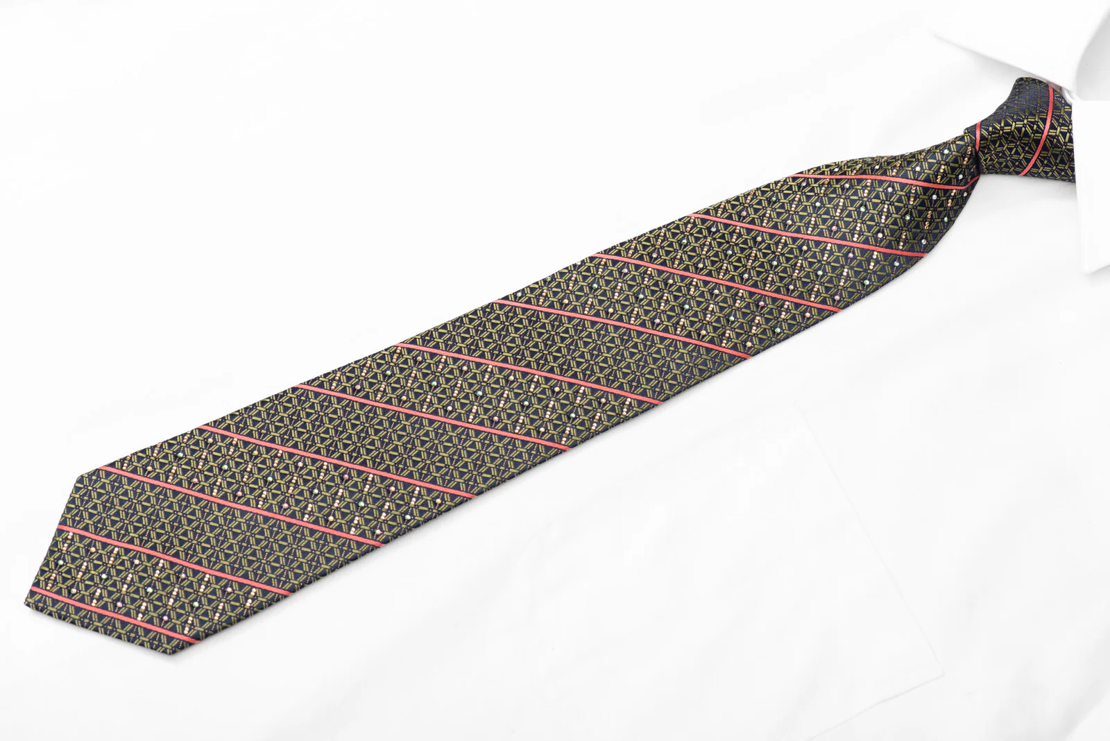 Green Trellis & Red Striped On Navy Rhinestone Silk Necktie With Gold Sparkles - Image 3
