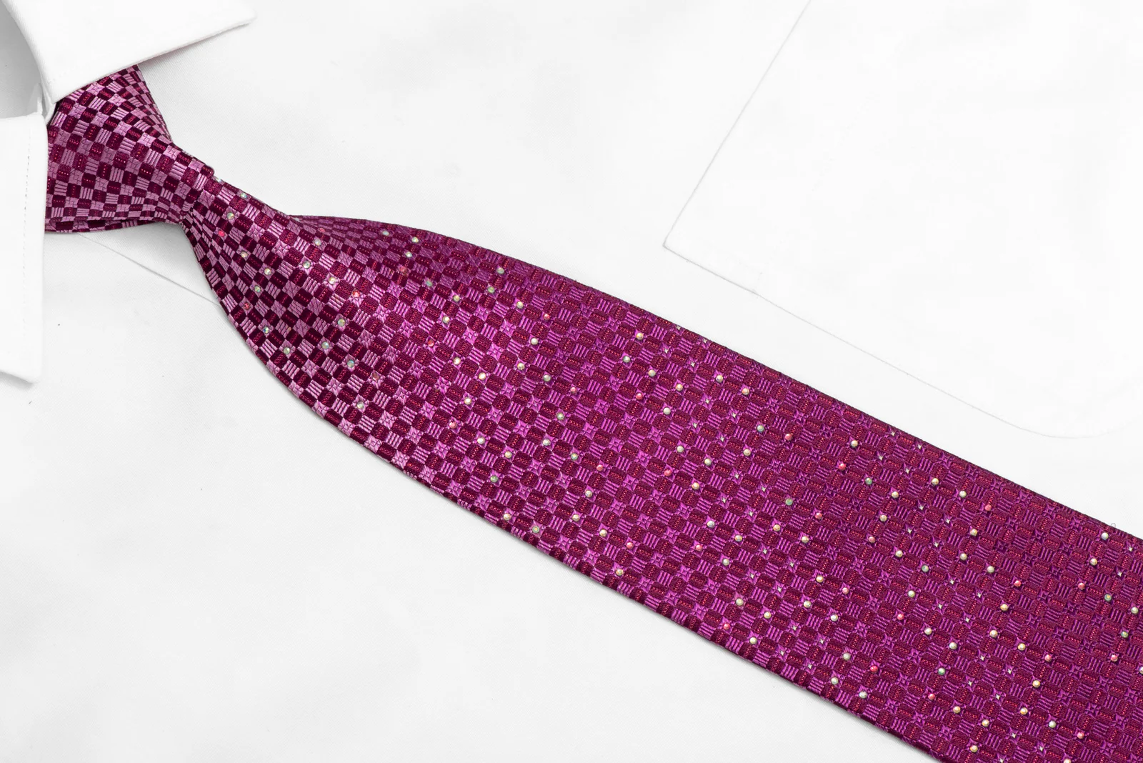 Purple Checkered Design Rhinestone Silk Necktie With Sparkles - Image 2