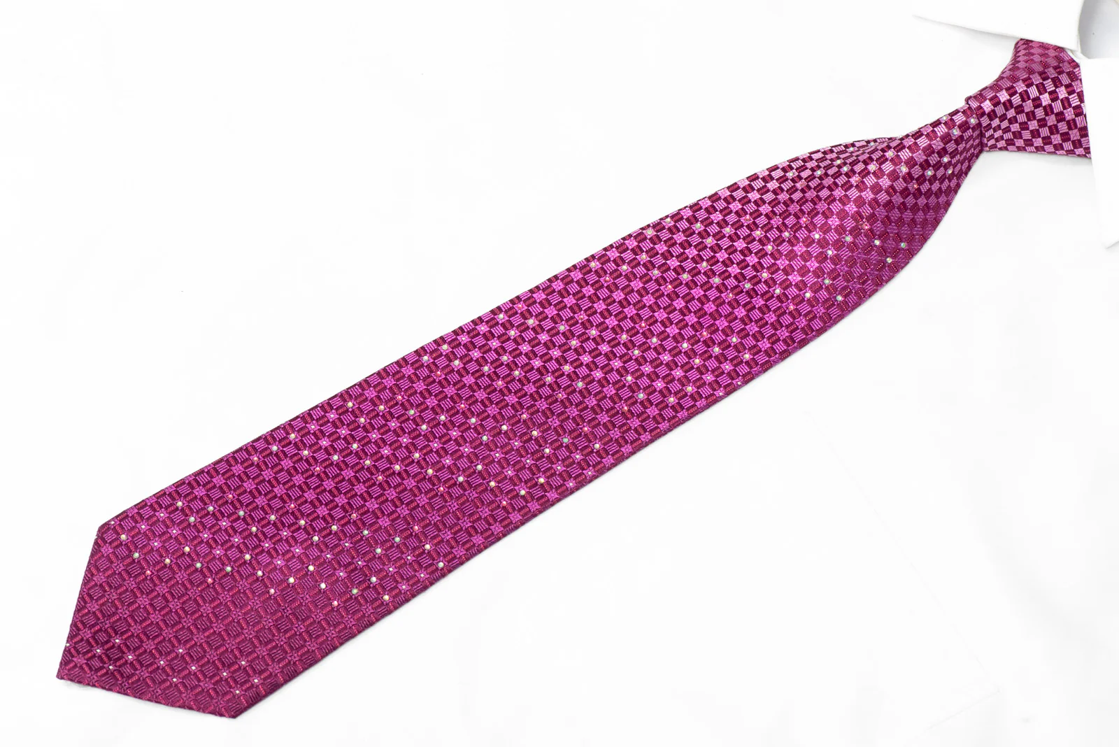 Purple Checkered Design Rhinestone Silk Necktie With Sparkles - Image 3