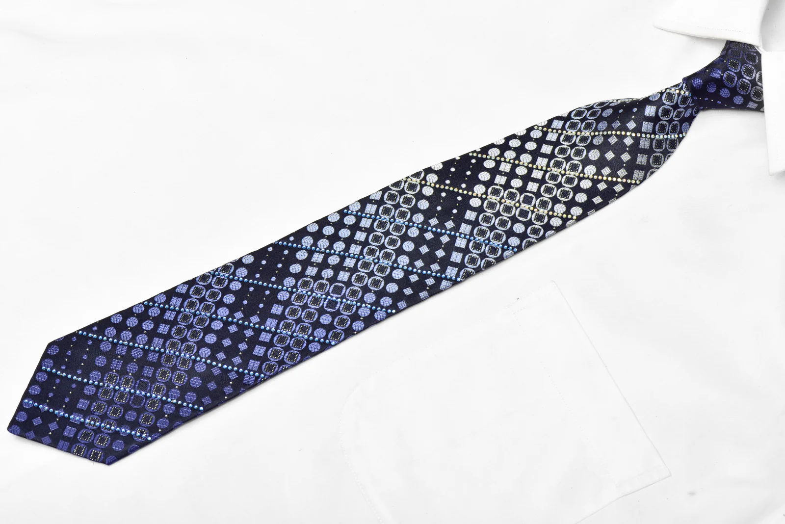 Blue Geometric On Navy Rhinestone Silk Tie With Silver Sparkles - Image 2