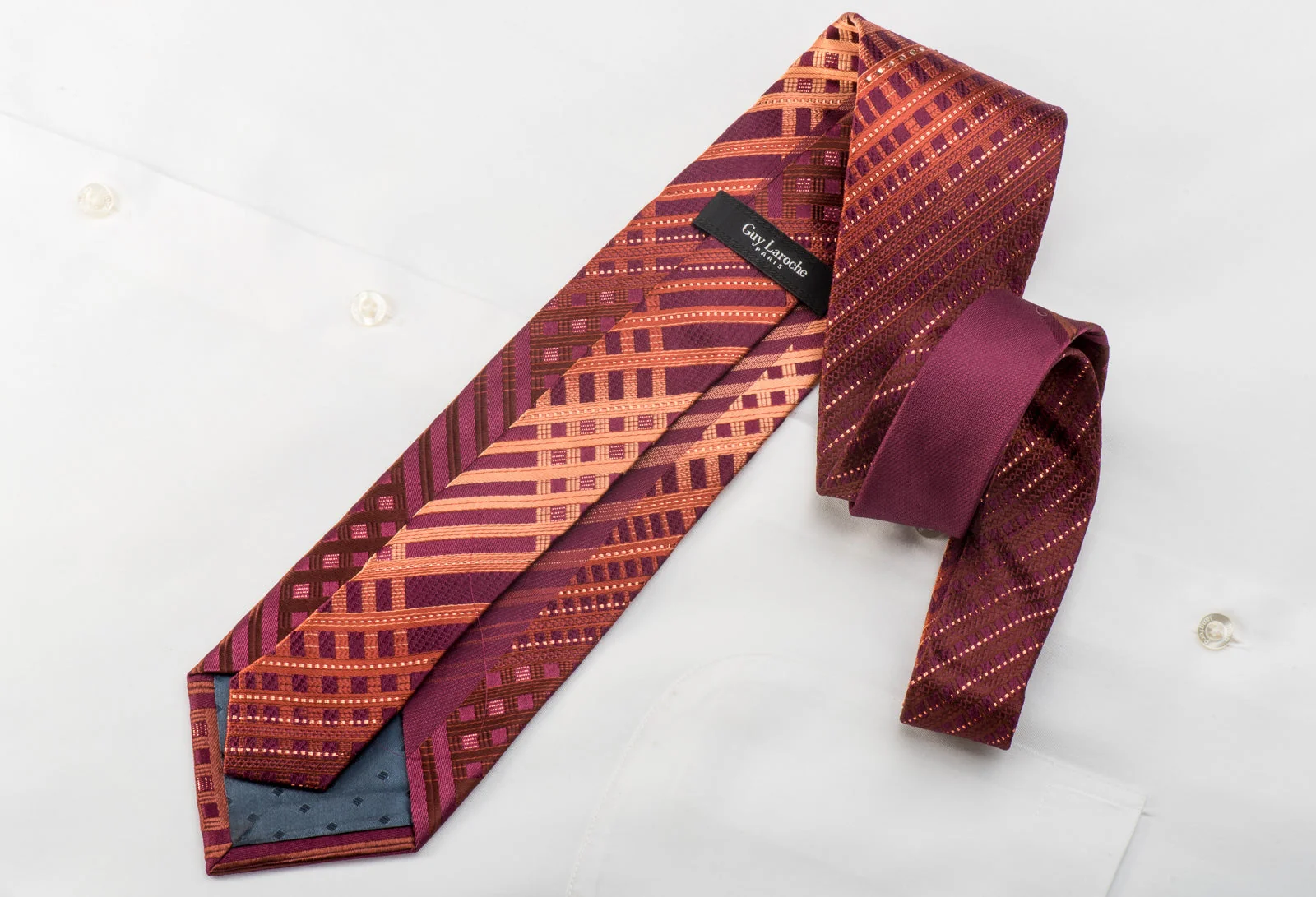 Guy Laroche Men's Crystal Rhinestone Necktie Orange Striped On Burgundy With Sparkles - Image 3