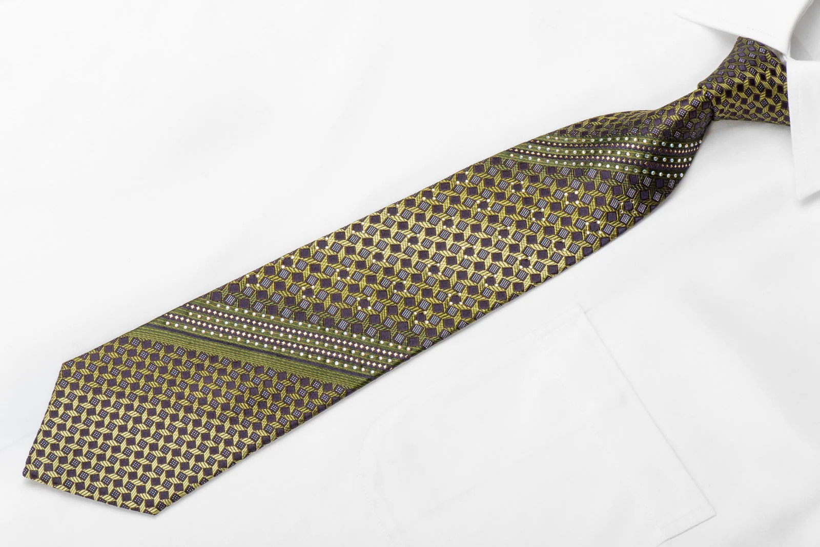 Guy Laroche Men's Crystal Silk Green Brown Geometric With Silver Sparkles - Image 2